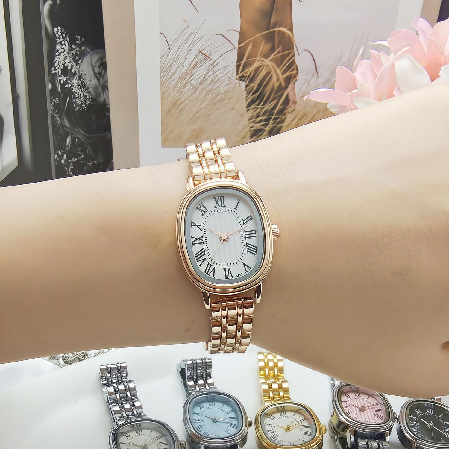BESTKANG Vintage Oval Women’s Watch Roman Numeral Dial Fashion Waterproof Elegant Watches for Women,Adjustable Strap with Tool (Rose Gold White)