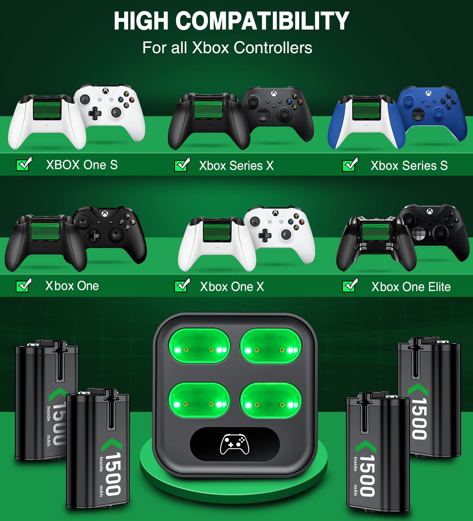 Upgraded Fast Charging Rechargeable Battery Packs, 4 x 3600mWh Xbox Controller Batteries with Battery Charging Dock/Station for Xbox One/Xbox Series X|S, Xbox One S/X/Elite, Q194