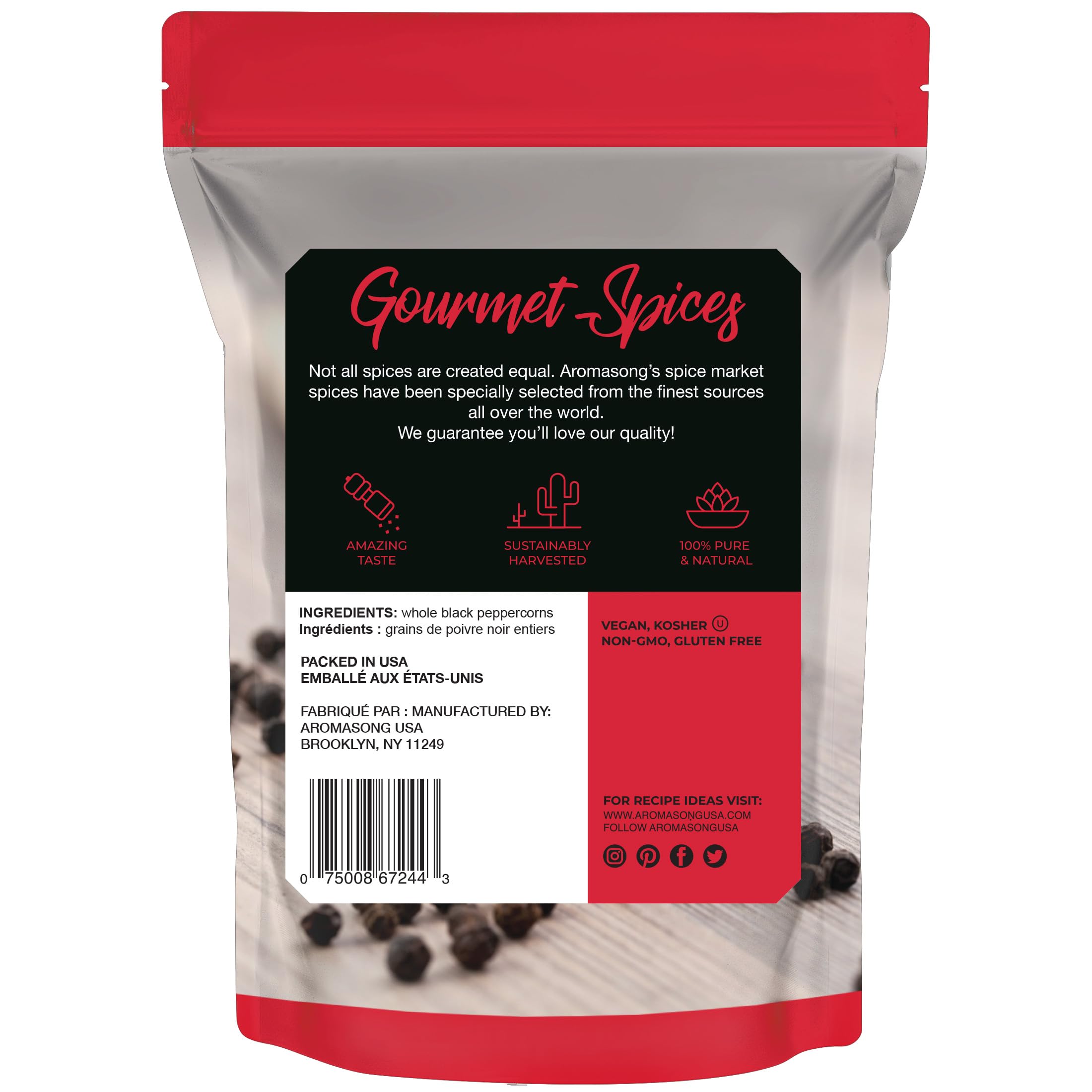 Aromasong Organic Coarse Sea Salt (2.43 LB.) with Black Peppercorn (12 OZ) Grinder, Mill Refill Combo Set for Cooking & Baking - Bulk Resealable Bag