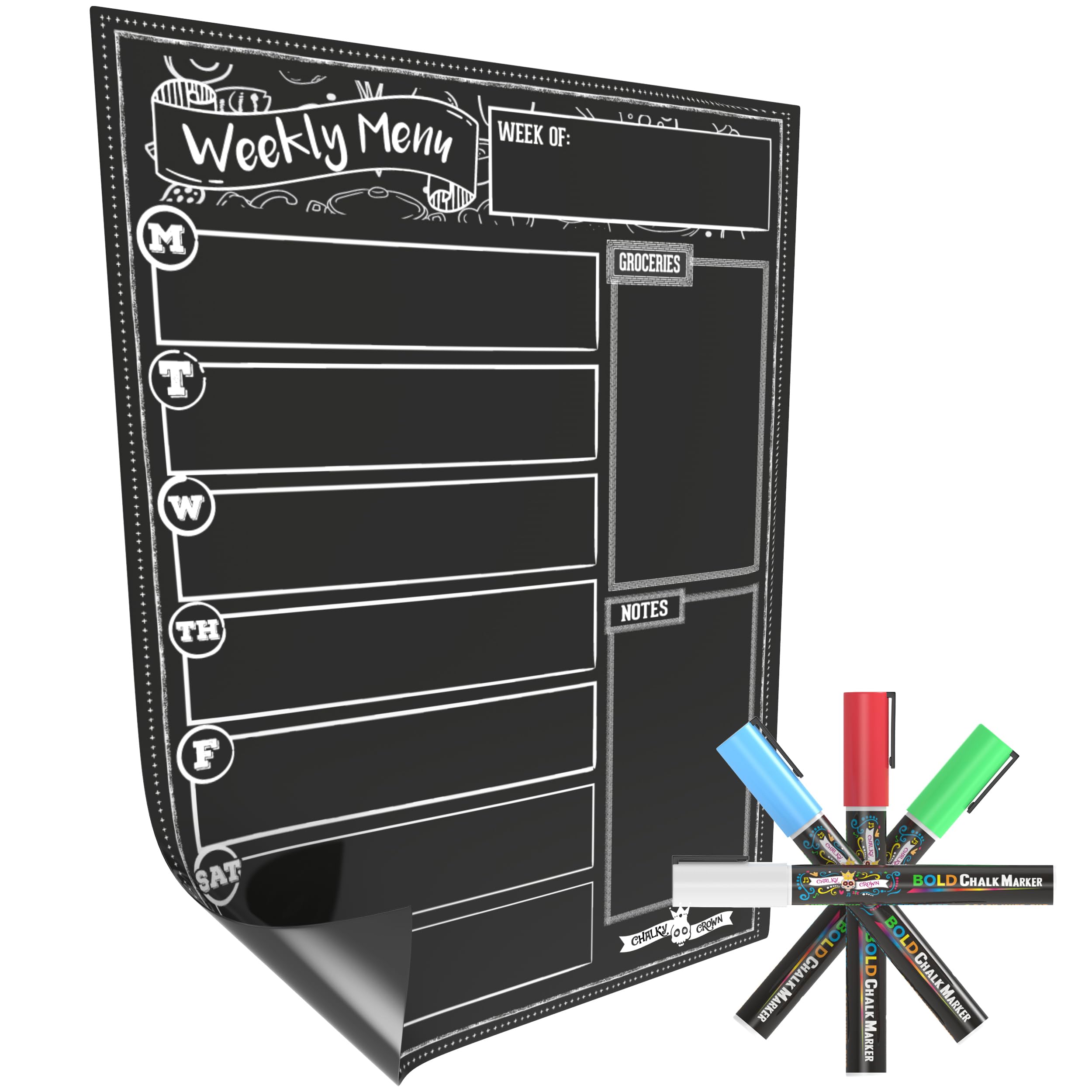 CHALKY CROWN Magnetic Dry Erase Menu Board for Fridge Includes 4 Liquid Chalk Markers - Weekly Meal Planner Blackboard, Grocery List & Notepad for Kitchen Refrigerator - Chalkboard Magnet 15.6" x11.6