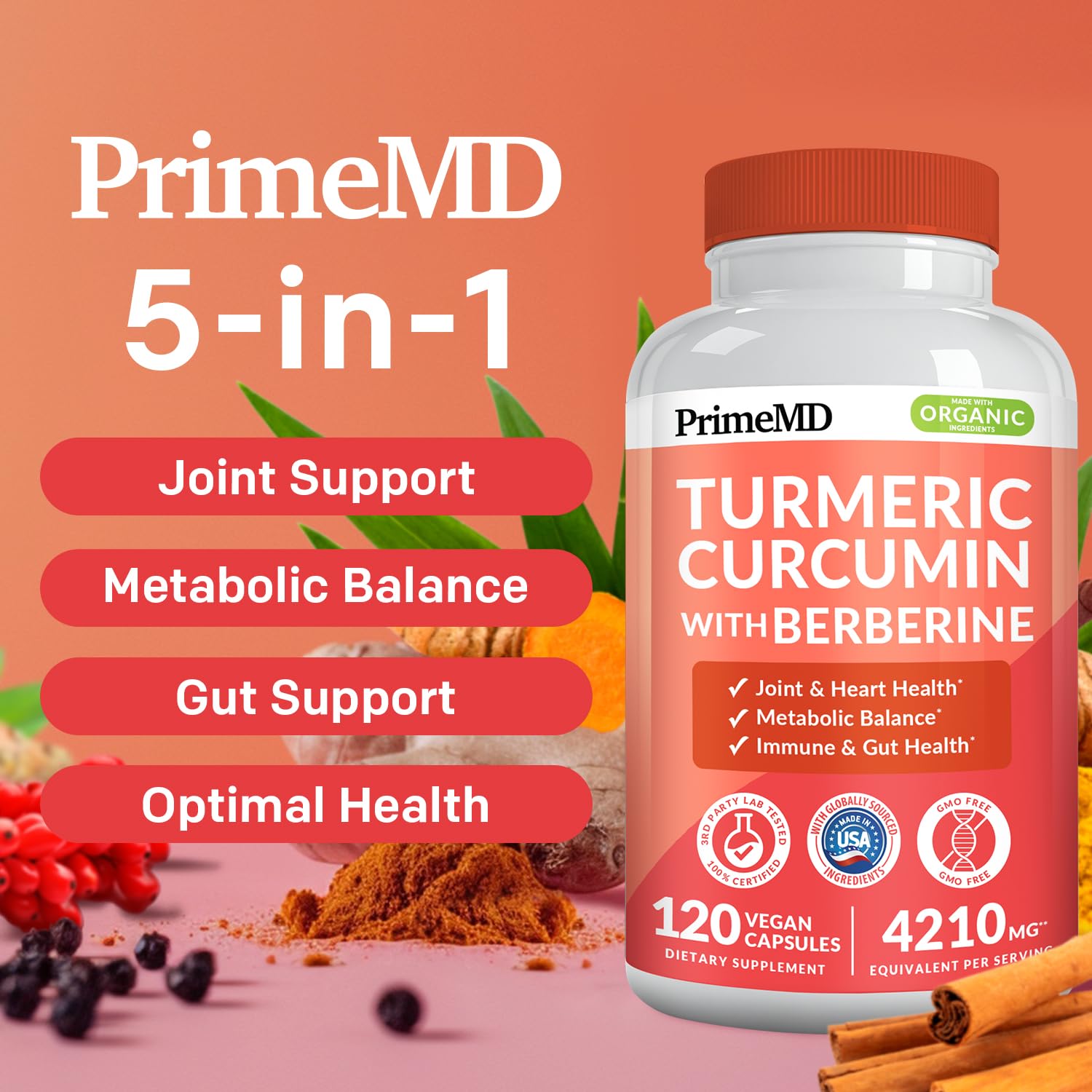 5-in-1 Organic Turmeric Curcumin Supplement (4210mg) with Berberine, Ceylon Cinnamon Bioperine and Ginger Supplements for Joint, Heart, Gut, & Metabolic Support (120 ct)