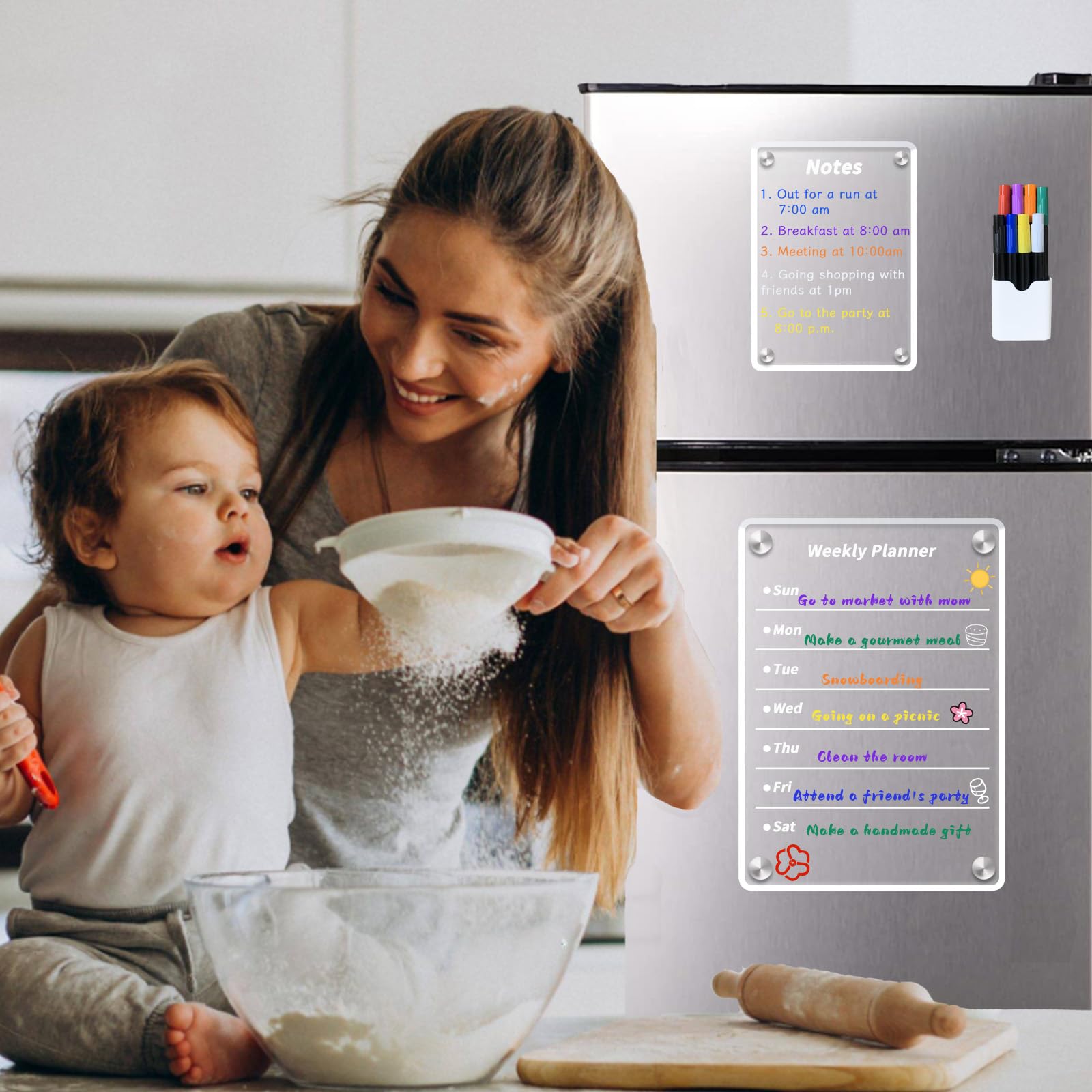 Naisidas Acrylic Magnetic Dry Erase Board for Fridge,Set of 4 Transparent Planning Boards Weekly Calendar, Notes Planning Board,Includes 8 Markers and Towel