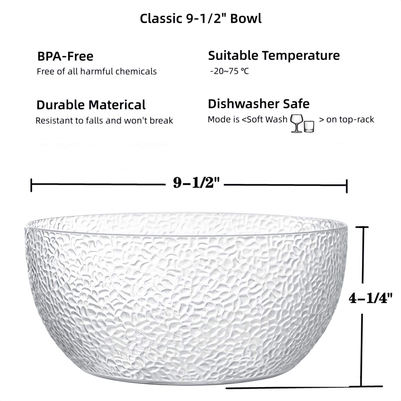 Qxbekmor 130 oz Acrylic Salad Bowls, 9.5" Serving Bowls for Fruits, Popcorn, Chips, Dips, Condiments, Break-Resistant Set of 2, Clear Circular