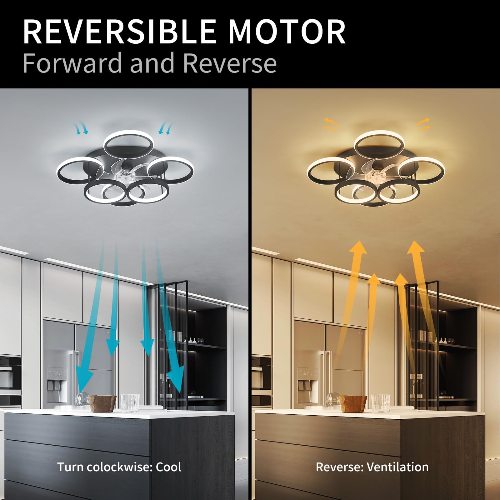 Anyeark Low Profile Ceiling Fan with Light Modern, Bedroom Ceiling Smart Fan with LED, Fandelier Ceiling Fan Flush Mount 25.6-inch, 3000K-6500K Stepless Color Change, Assembly Required (Black)