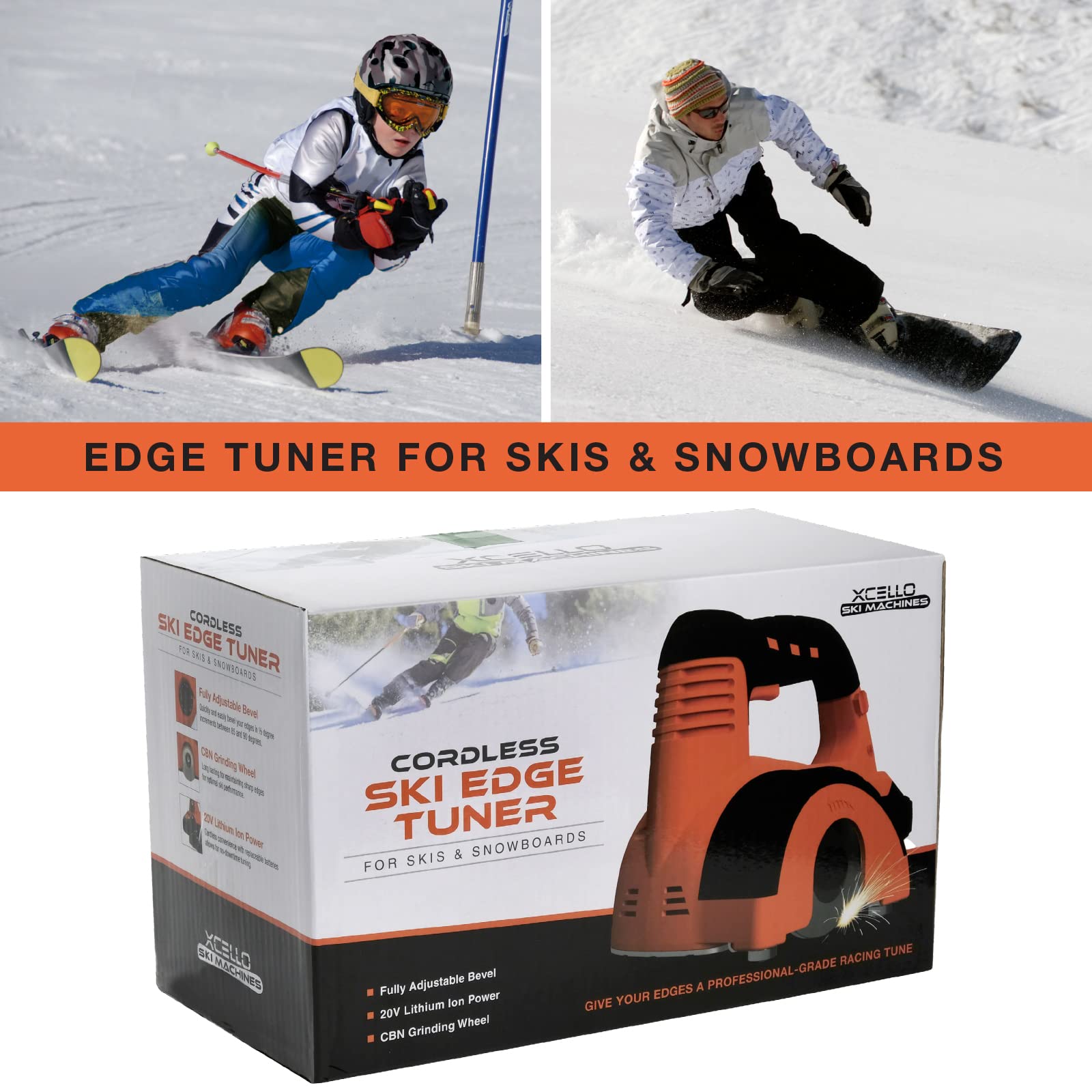 Xcello Sports Cordless Ski/Snowboard Edge Tuner, Long Lasting Portable Grinding Wheel Sharpens and Hones Ski Edges, Rechargeable Lithium Ion Battery Included.