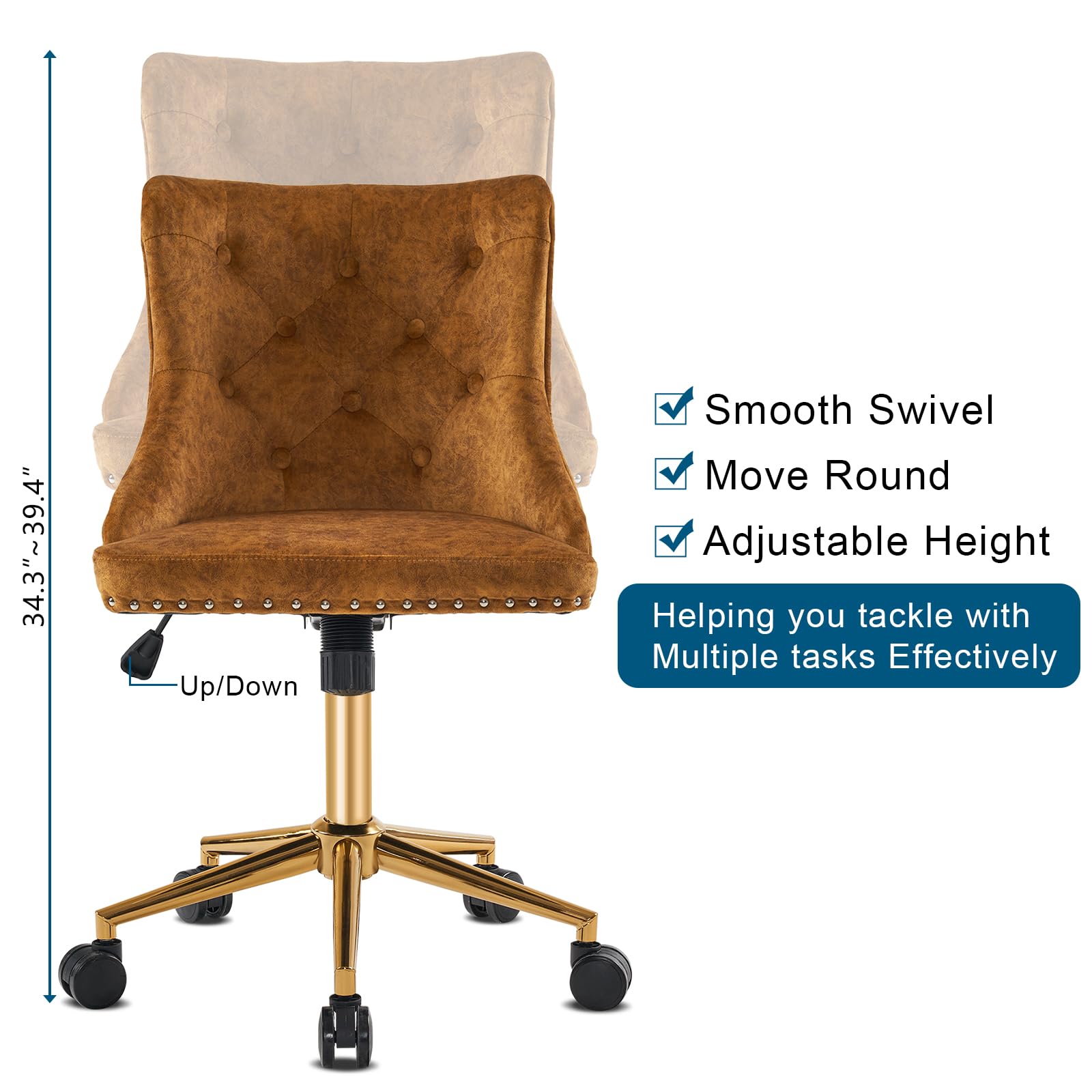 VINGLI Mustard Velvet Armless Home Office Desk Chair with Gold Base/Wheels, Small Cute Vanity/Makeup Chair with Back for Bedroom, Upholstered Adjustable Rolling Swivel Nail Chair for Women/Girls