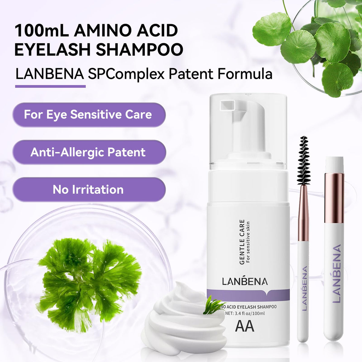LANBENA 100ml Eyelash Extension Cleanser/Shampoo with AMINO ACID, Oil Free Foam Bath Lash Cleaning Kit with Brush,Home Salon Use