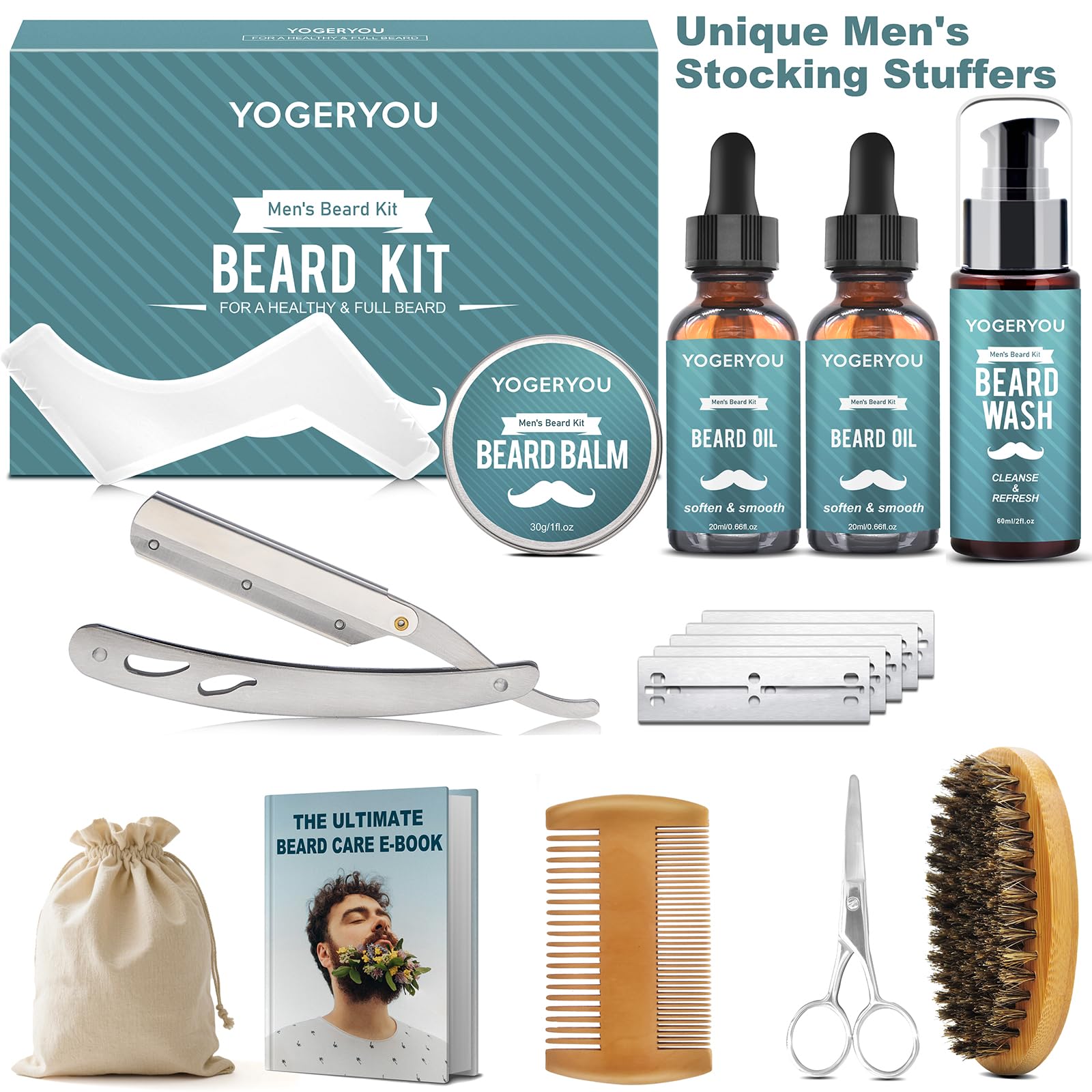 Beard Kit,Beard Grooming Kit for Men W/Straight Razor,2 PACK Beard Oil, Wash, Balm, Brush, Comb, Scissors Mens Birthday Christmas Gifts for Men Boyfriend Husband Beard Trimming Shaving Kit