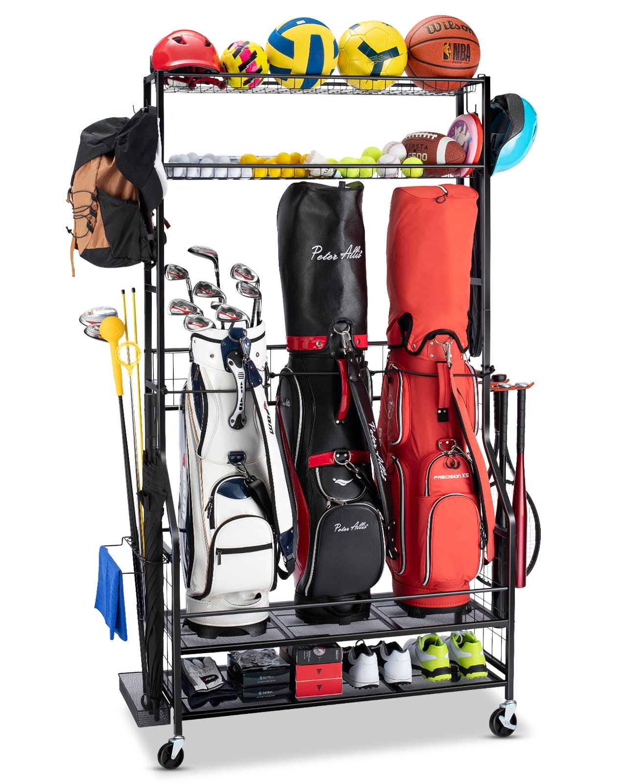 FHXZH Golf Bag Storage Garage Organizer, 3 Golf Bag Stand and Sports Equipment Storage Rack for Garage with Wheels, 4 Hooks, Golf Accessories Storage Rack with Extra Golf Clubs Display Rack