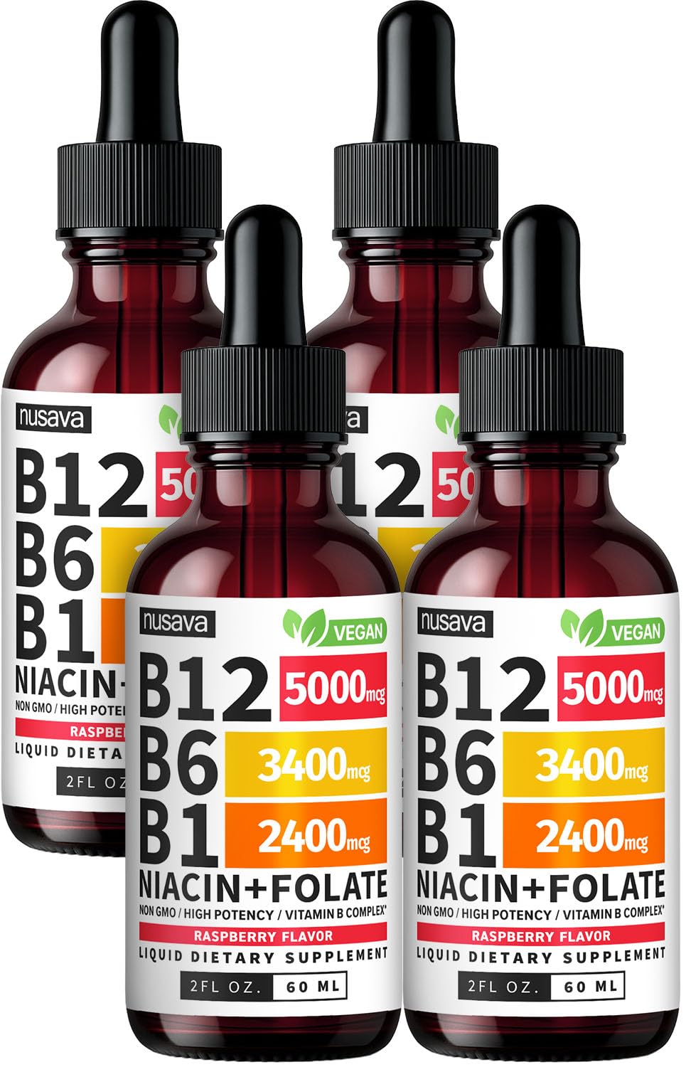 (4 Pack) Vitamin B12 and B6 Liquid Drops, B12 Sublingual Vitamin B Complex - B 12 Vitamin 5000mcg - B12 Methylcobalamin for Energy, Brain, and Heart Support with 27,200 mcg, Raspberry, 80 Servings