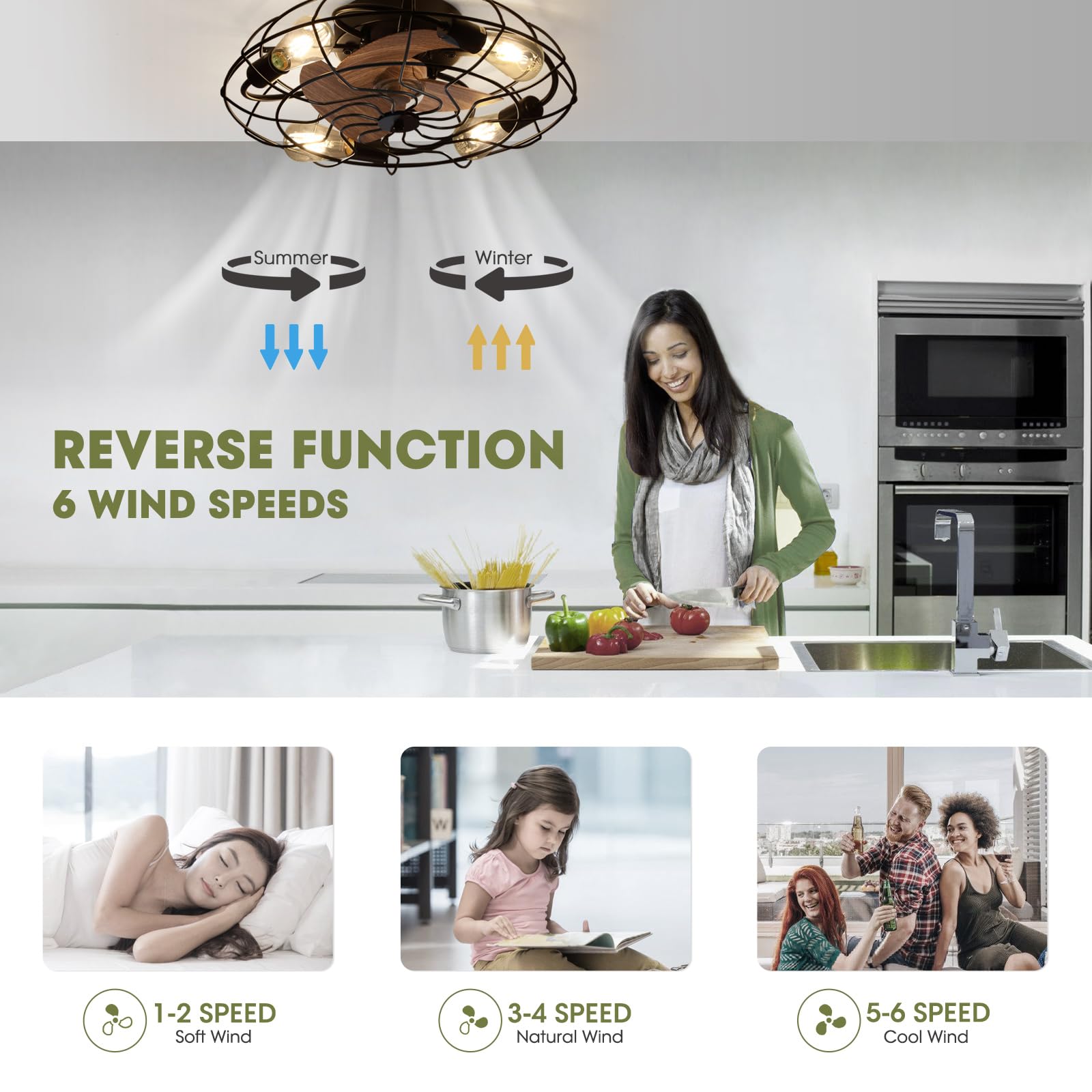 LUDOMIDE Caged Ceiling Fan with Light and Remote, 21" Small Flush Mount Ceiling Fan with Lights, 3 Enclosed Blades, 6 Wind Speeds Industrial Low Profile Ceiling Fan for Bedroom, Living Room