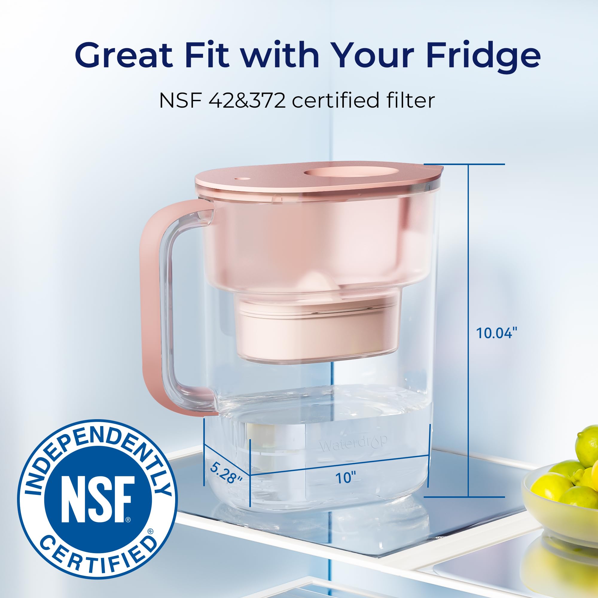 Waterdrop 200-Gallon Long-Life Lucid 10-Cup Large Water Filter Pitcher, NSF Certified, 5X Times Lifetime, Reduces PFOA/PFOS, Chlorine, BPA Free, Pink