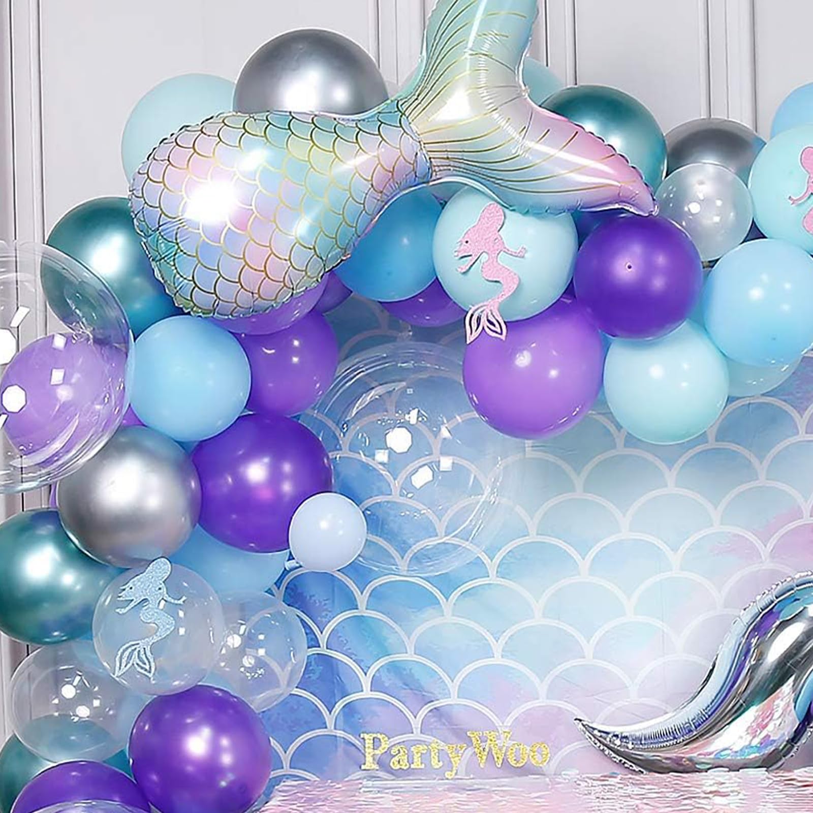 PartyWoo Mermaid Balloons Garland Kit, 180pcs Mermaid Backdrop, Mermaid Tail Balloons, Mermaid Stickers, Paper Jellyfish, Giant Bobo Balloons, Green Silver Purple Metallic Balloons, Blue Mint Balloons