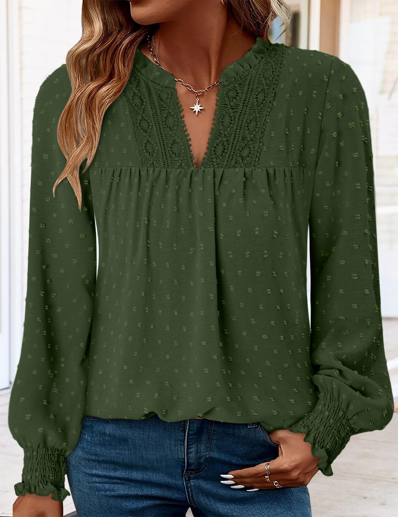 BETTE BOUTIK Flowy Boho Tops Womens Long Sleeve Fall Cute Dressy Casual Shirts Loose Chic Winter V Neck Lace Western Work Swiss Dot Blouses Blackish Green XL