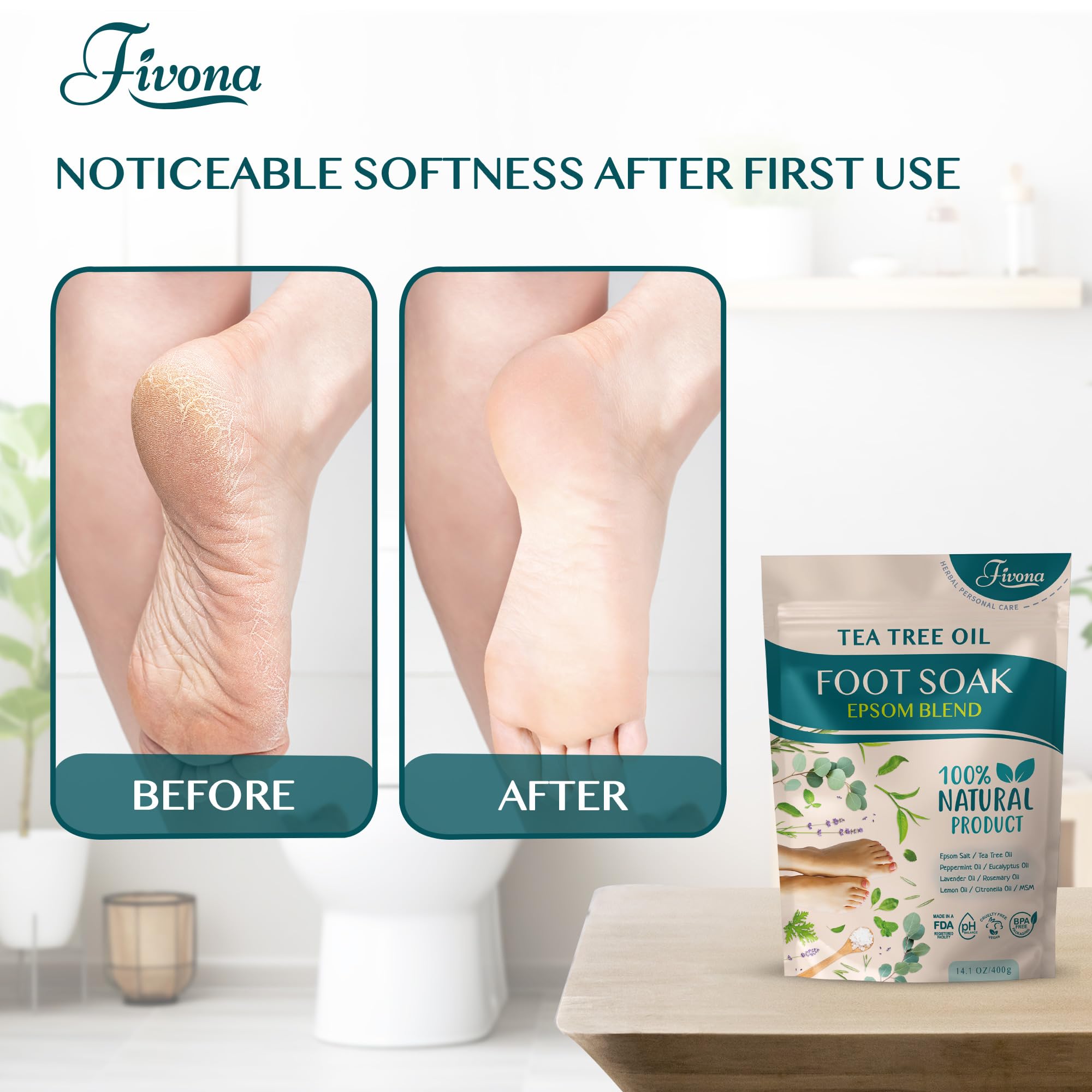 Fivona Tea Tree Foot Soak Blend 14.1 oz - Epsom Salt with Essential Oils for Healthy Toenails, Soothing Relief, Callus Softening - Pedicure Therapy for Soft, Rejuvenated Feet