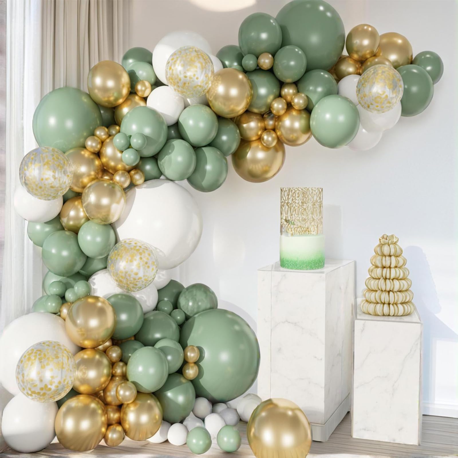 PartyWoo Sage Green Balloon Arch Kit Garland 154 pcs Different Sizes of 18 12 10 5 Inch Sage Oliver Green White Metallic Gold Confetti Balloons for Baby Shower Graduation Birthday Party Decorations