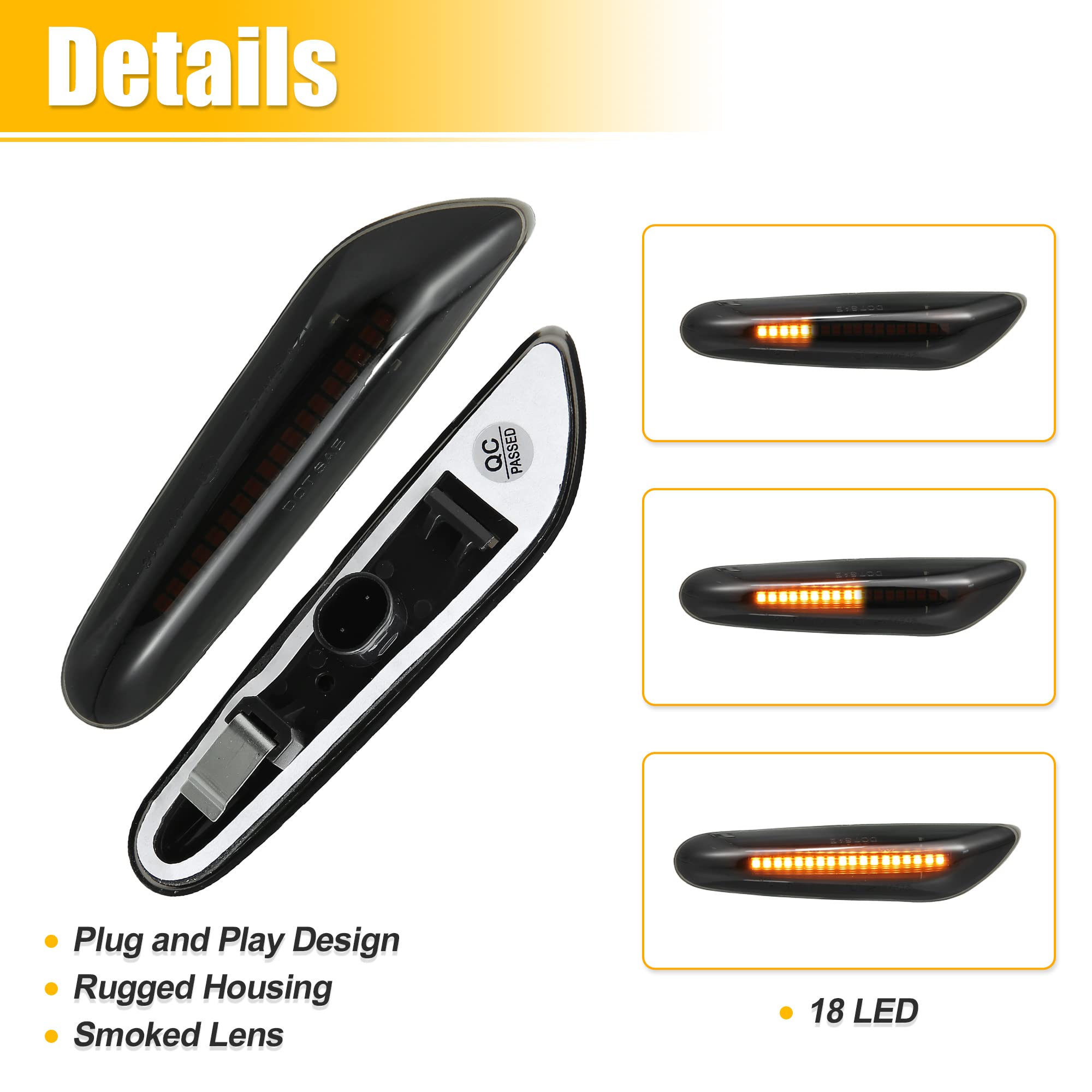 X AUTOHAUX Full LED Side Turn Signals for BMW 1 3 5 Series E36 E46 E60 E87 E90 E92 X1 X3 63133418447 63133418448 Fender Side Marker Amber Light Assemblies Front Flowing LED Lamps Lights 2pcs