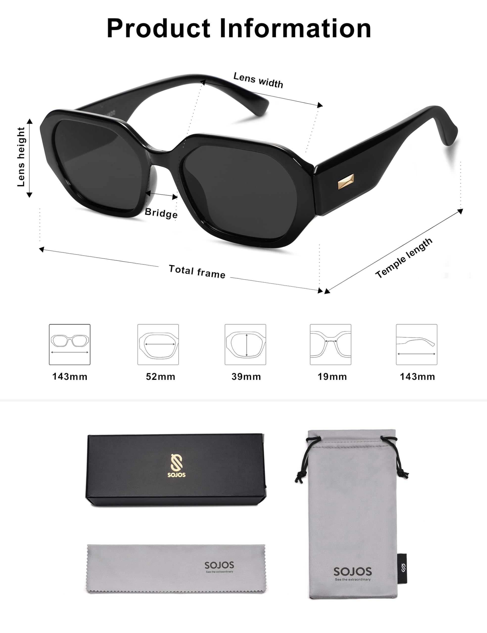 SOJOS Polarized Sunglasses For Women Retro Rectangle Womens Sun Glasses Trendy Narrow Square 90s Shades SJ2232 Black Grey Lens