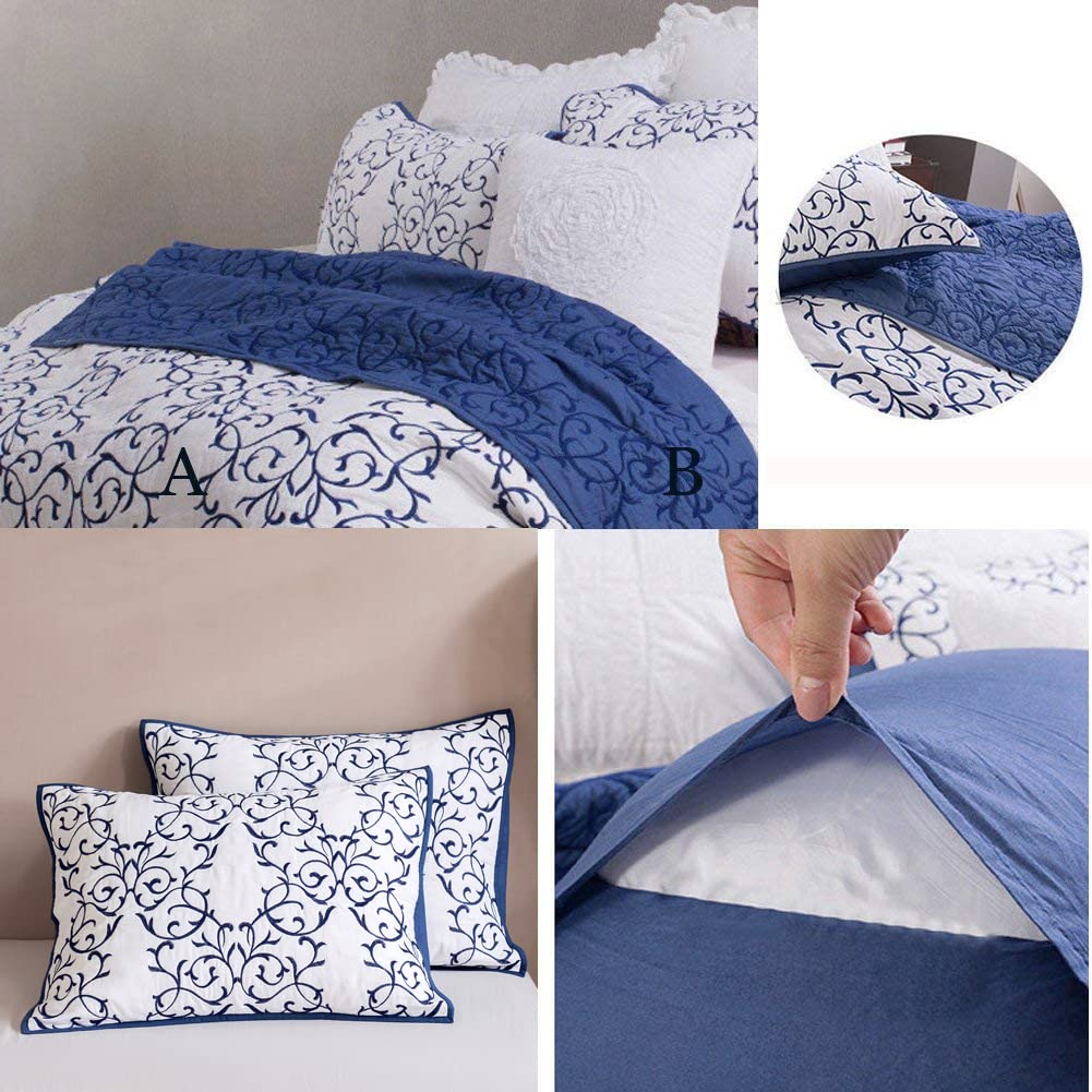 mixinni Reversible Twin Quilt 2-Piece Blue Embroidery Pattern Elegant Quilt Set with Embroidered Decorative Sham Soft King Size Bedspread&Coverlet Set-Twin, Blue