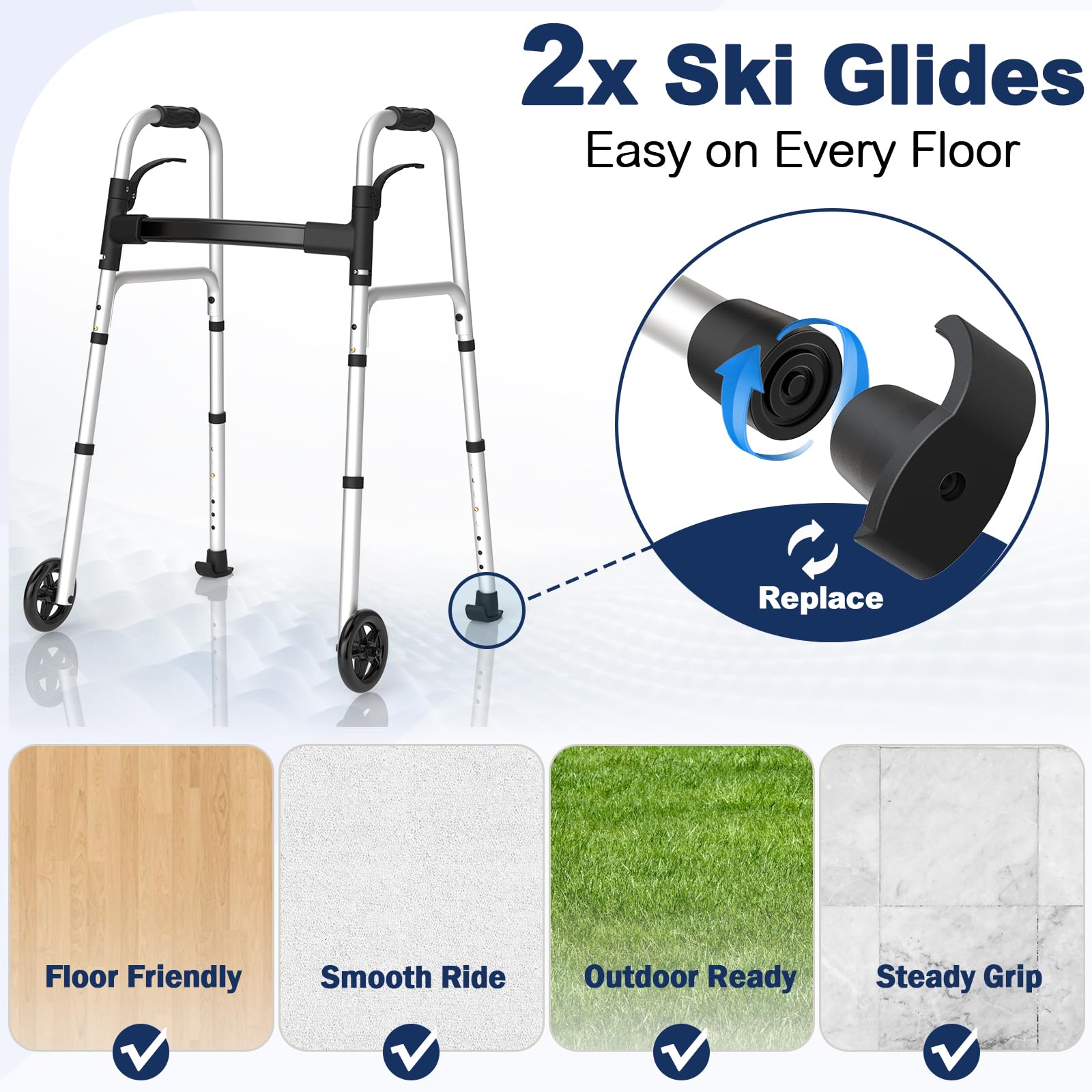 HolyHeal Folding Walkers for Seniors with 2 Skis and 5" Wheels, Lightweight Adult Rolling Walker, Supports Up to 350 Pounds, Adjustable Height, Aluminum Standard Walker, Silver