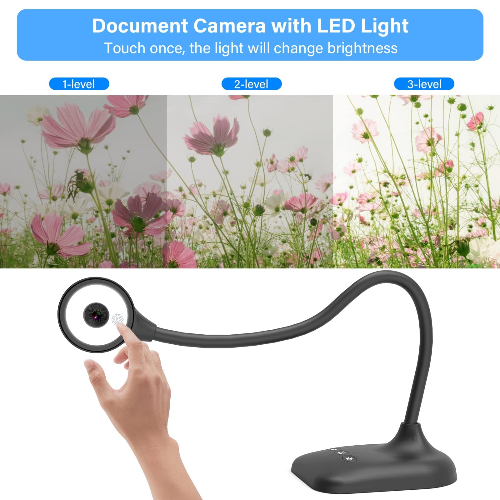 kitchbai Document Camera for Teachers, Webcam and Overhead Camera for Classroom with Mic, LED Lights, Image Invert, Fold for Mac OS, Windows, Zoom, OBS Work with Distance Learning/Teaching, Live Demo