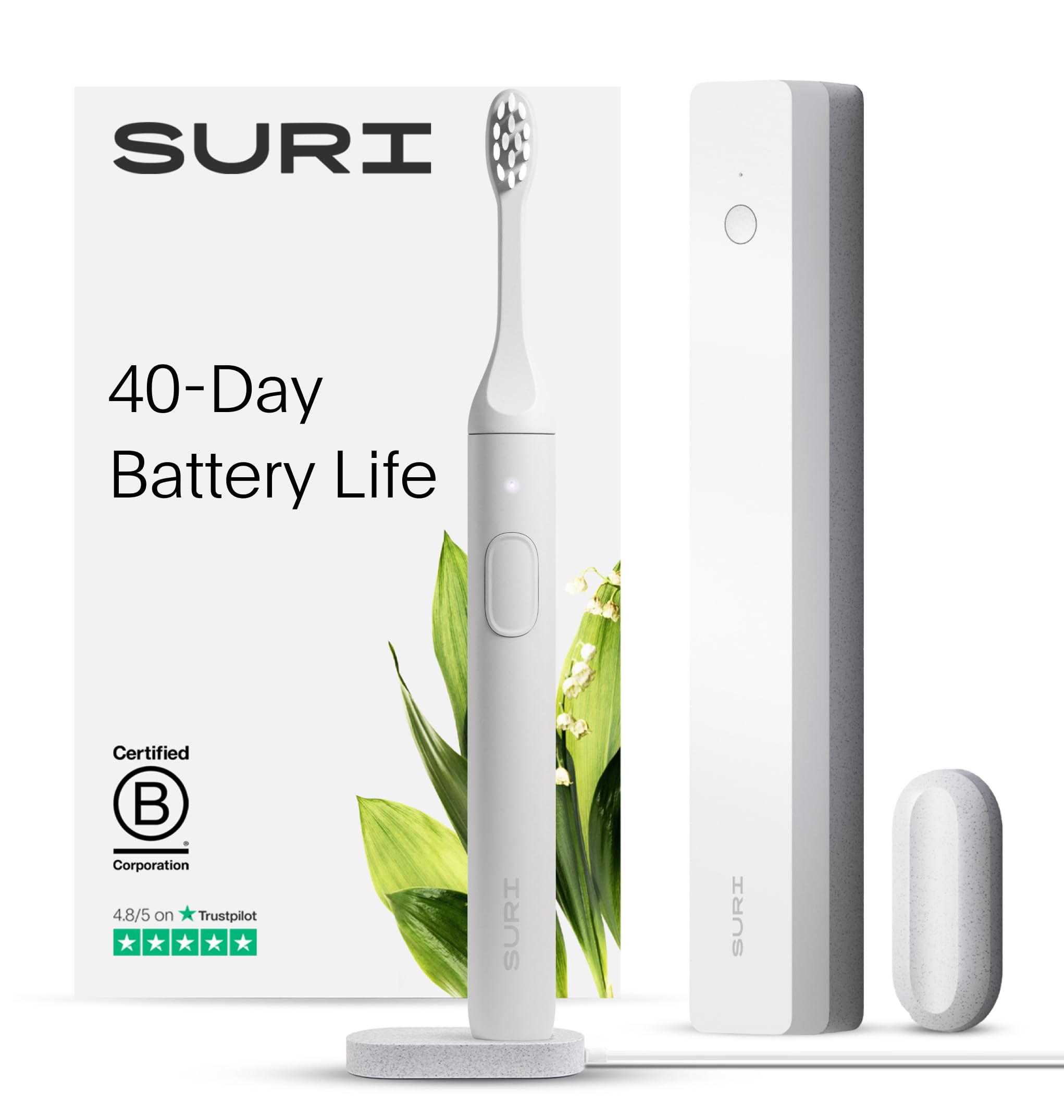SURI Electric Toothbrush—Sustainable Electric Toothbrushes Adults, Slim Sonic Toothbrush & Accessories, 40-Day Battery, Travel Toothbrush with UV Cleaning Case, Ideal Christmas Gifts for Women & Men