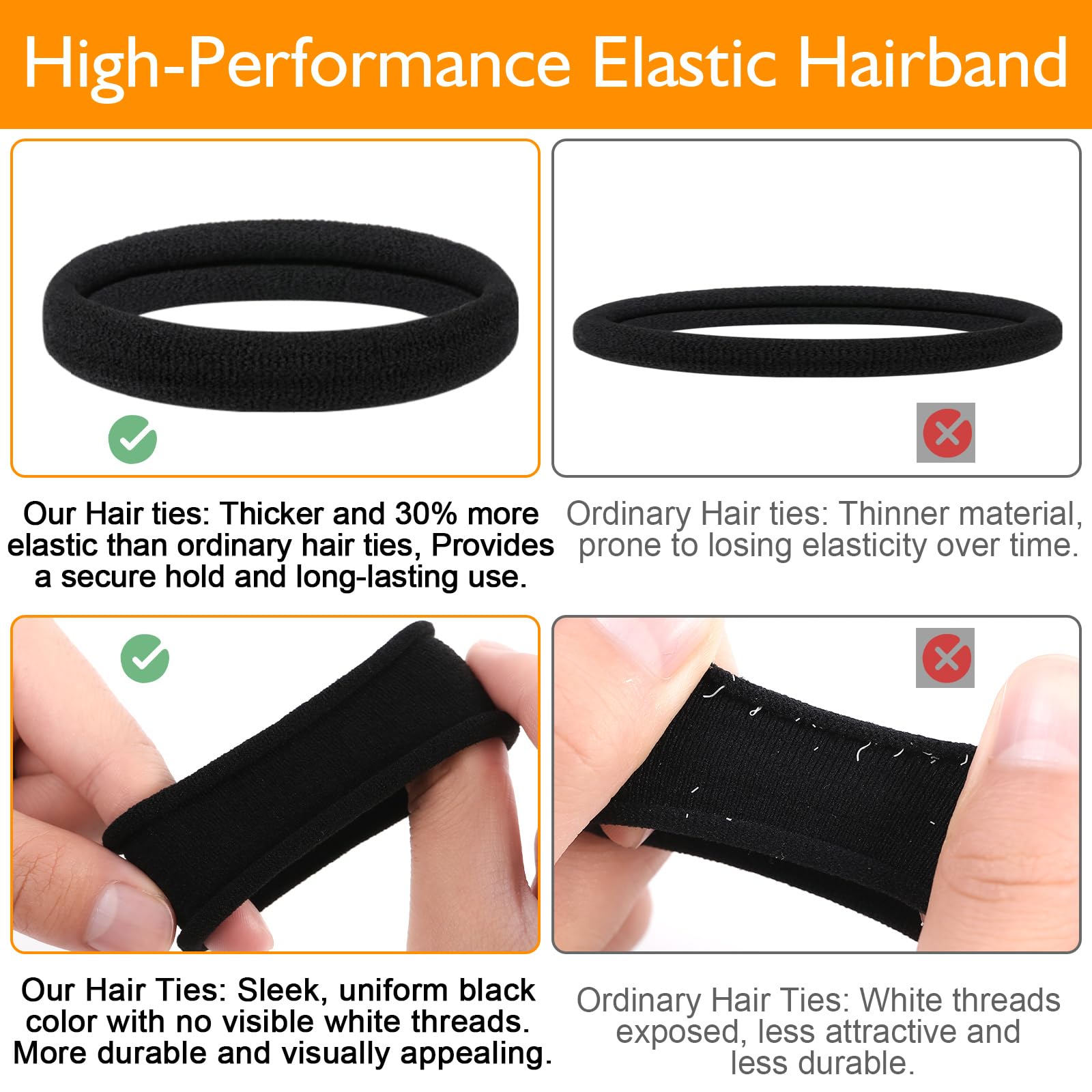 Black Hair Ties No Damage 100 Pcs Ponytail Holders Elastic Hair Ties Thick Hair Bands for Women Girls Thick Curly Hair