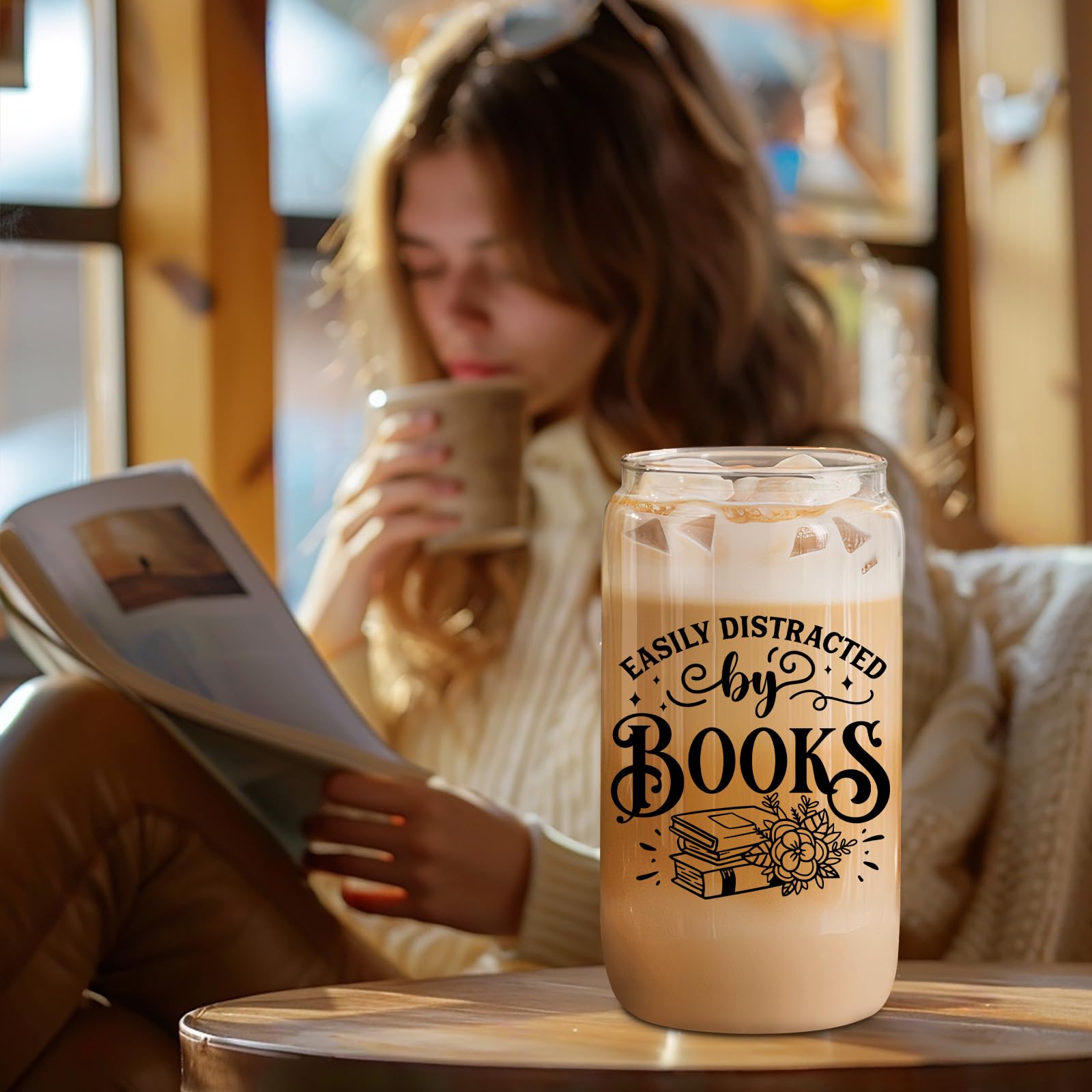 Coolife 16 oz Book Lovers Coffee Glass Cups Tumblers w/Lids Straws, Bookish Gifts for Women, Bookworm Gifts for Book Lovers Club, Librarian Stuff, Readers Accessories, Christmas Birthday Reading Idea