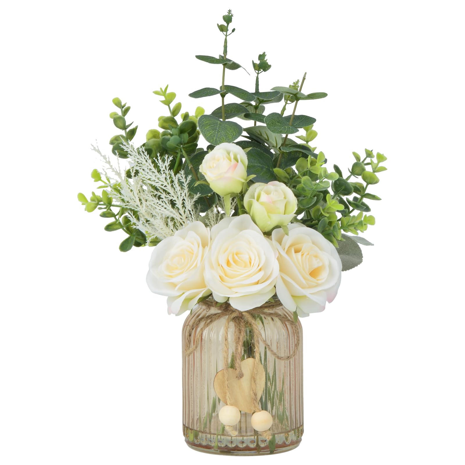 TOPSV Fake Flowers with Vase, Silk Roses Artificial Eucalyptus in Glass Vase for Farmhouse Bathroom Kitchen Table Decor, Silk Flower Arrangements for Bedroom, Dining Room, Living Room Decor