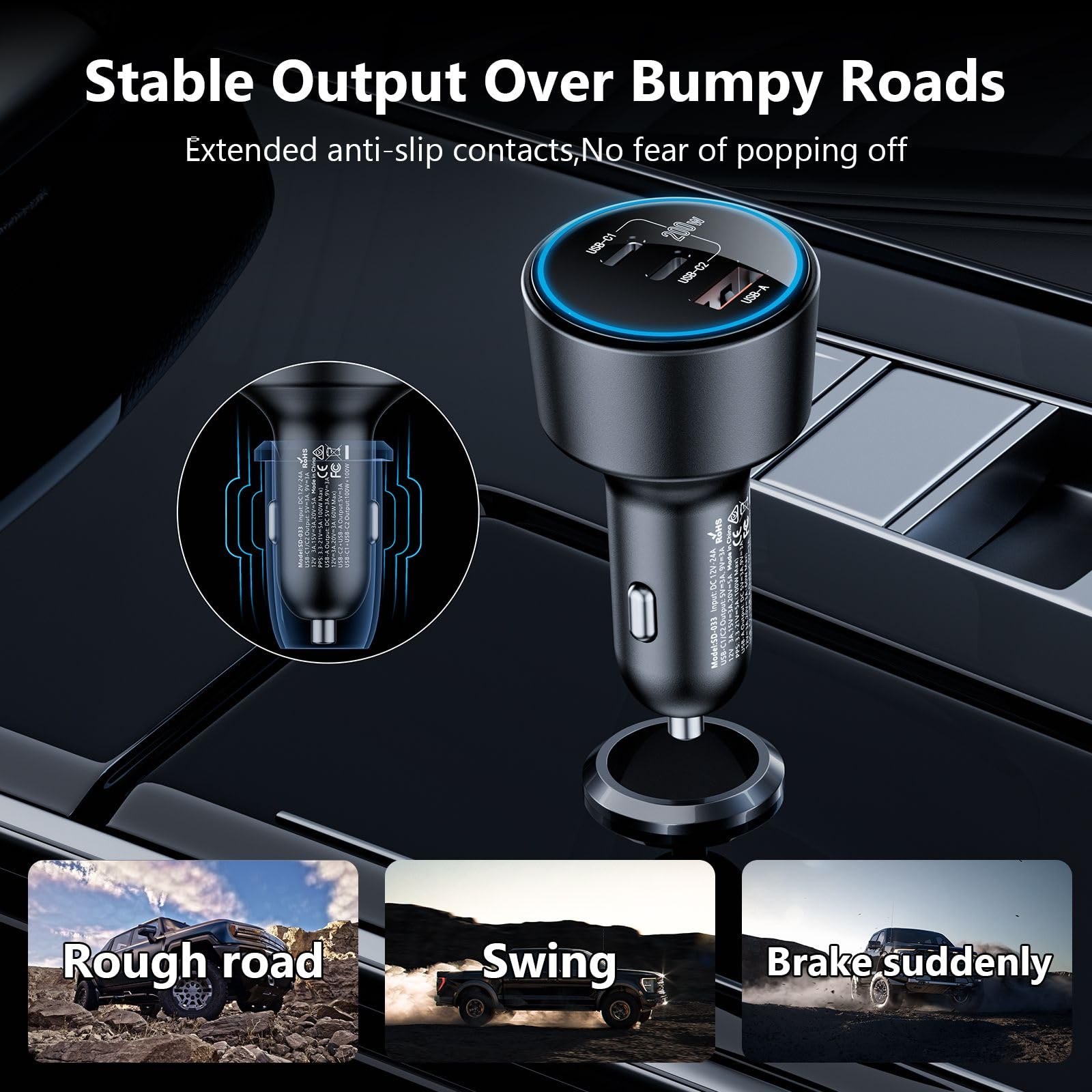 USB C Car Charger Fast Charging 200W, Dual PD 100W Type C Car Charger, PD3.0/QC4.0/PPS Cigarette Lighter Adapter for Phone 15/14/13/12, Galaxy S22/S21 Ultra, MacBook, Laptop etc