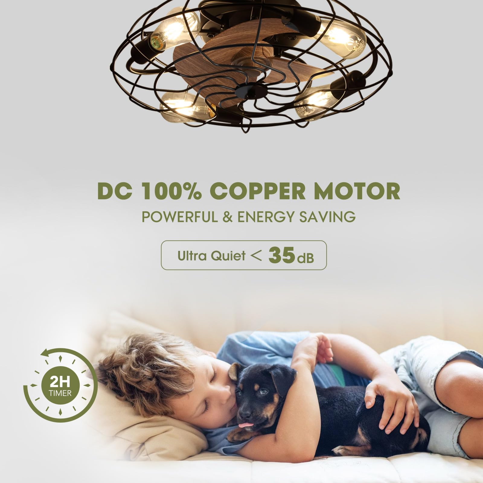 LUDOMIDE Caged Ceiling Fan with Light and Remote, 21" Small Flush Mount Ceiling Fan with Lights, 3 Enclosed Blades, 6 Wind Speeds Industrial Low Profile Ceiling Fan for Bedroom, Living Room