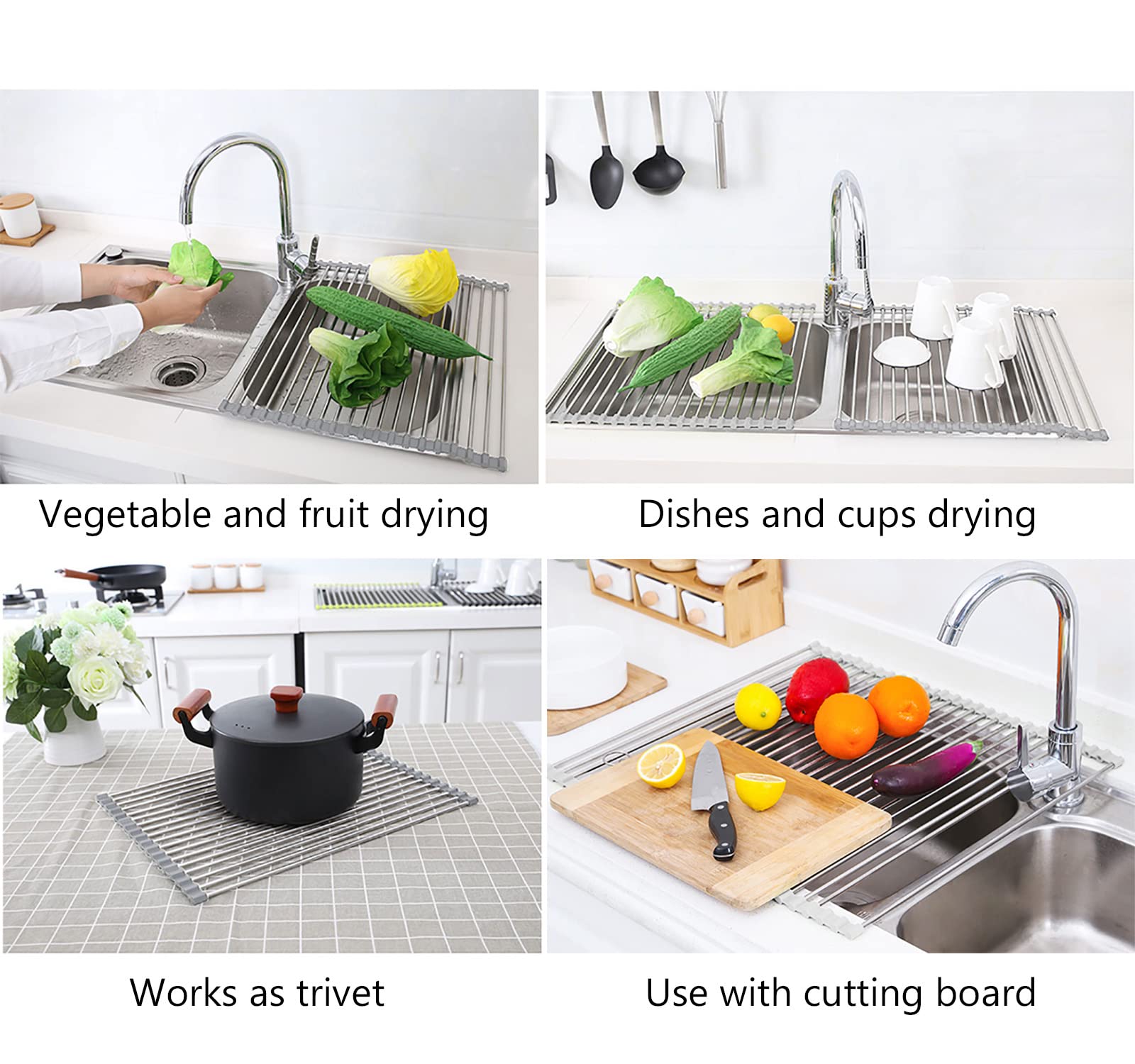 Tomorotec 17.7" x 15.5" Roll Up Dish Drying Rack Over Sink Drying Rack Sink Cover Kitchen Sink Accessories Gadget Multipurpose Organizer Foldable Stainless Steel Drainer (Grey)