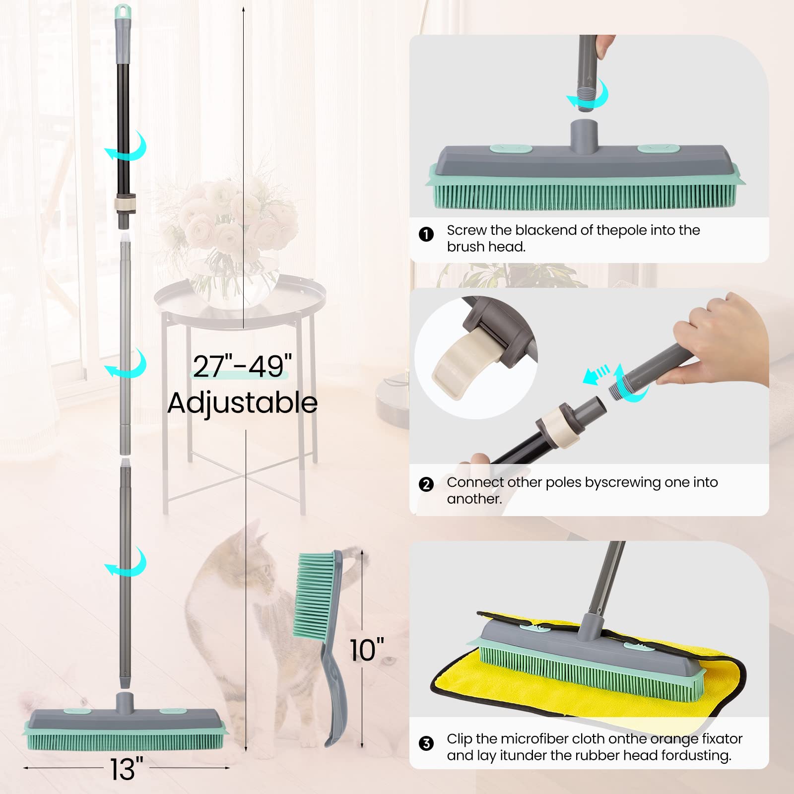 Conliwell Rubber Broom Carpet Rake for Pet Hair, Fur Remover Broom with Squeegee, Portable Detailing Lint Remover Brush (Iron)