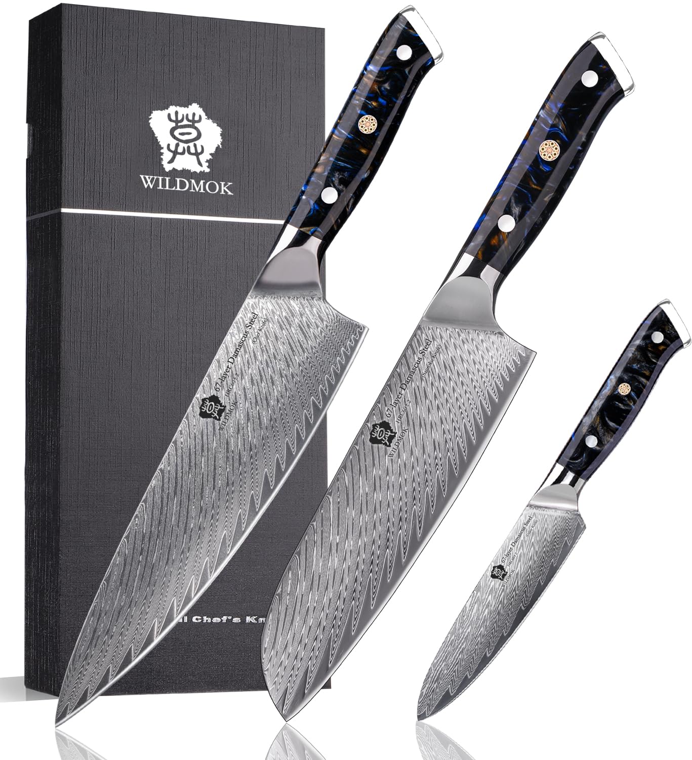 WILDMOK Damascus Kitchen Knife Sets 3 PCS, Japanese Kitchen Knife Set Damascus Steel Core, Ultra-Sharp Professional Chef Knife Set and Full Handle, Gift Box
