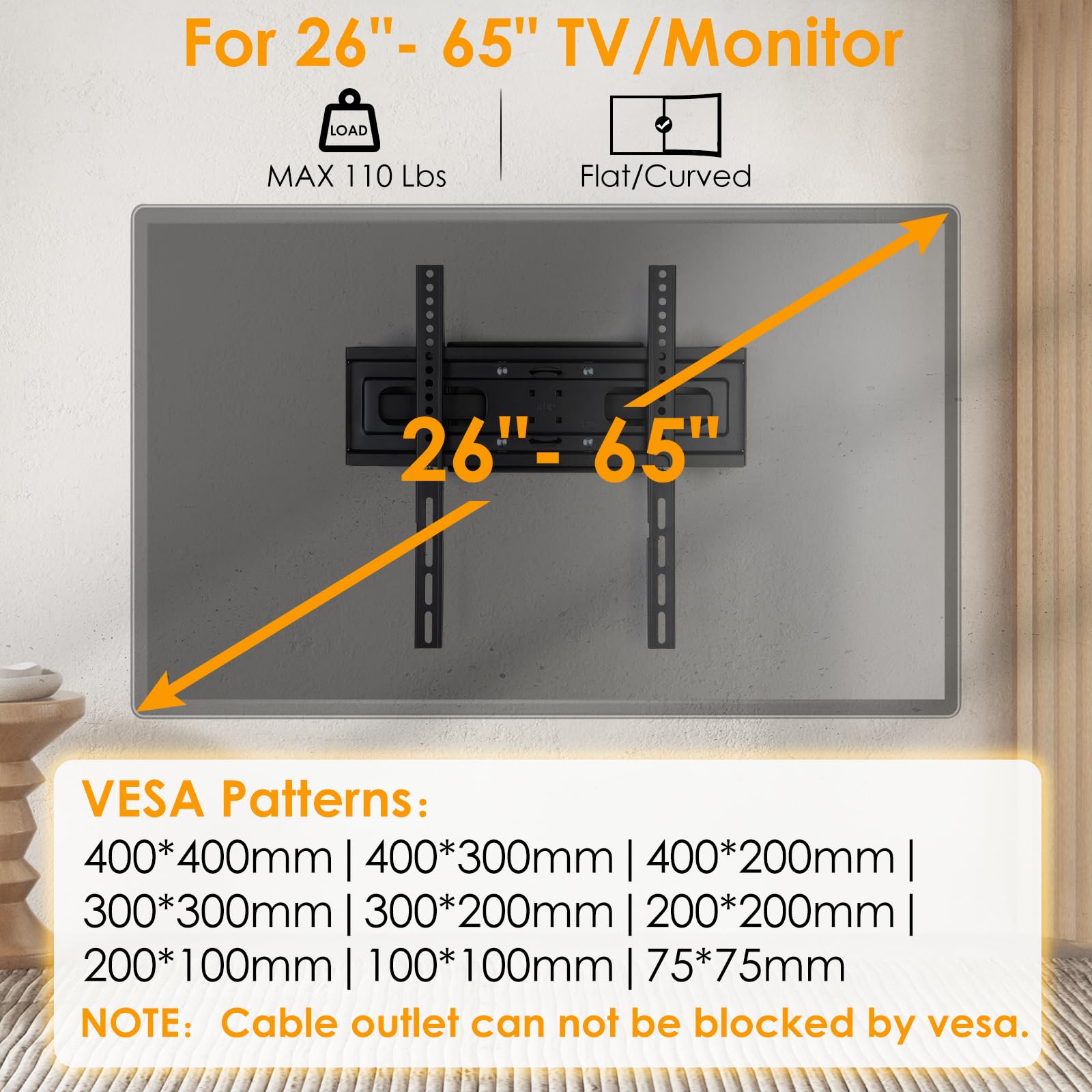 SweeEase 6 Arms TV Wall Mount for 26-65 inch, Full Motion Up Down Swivel Tilt Level Retractable TV Bracket for Flat Curved Max 110 lbs Max VESA 400x400mm TV, 8"-16"Wood Stud Articulating TV Wall Mount
