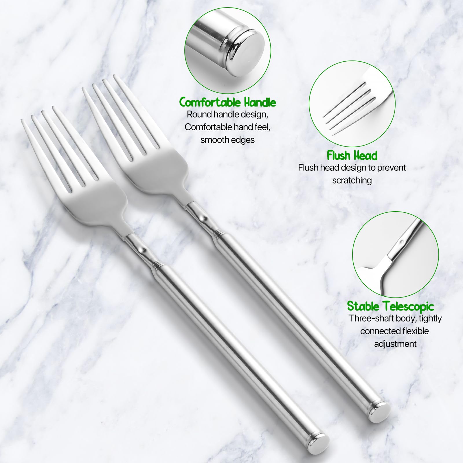 【3 PCS】Extendable Fork for Jokes, Expandable Forks, Extended/Extending/Extend, Extension from 8.7" to 25.4" Long, Stainless Steel Telescopic/Telescoping/Retractable Dinner Fork. Silver