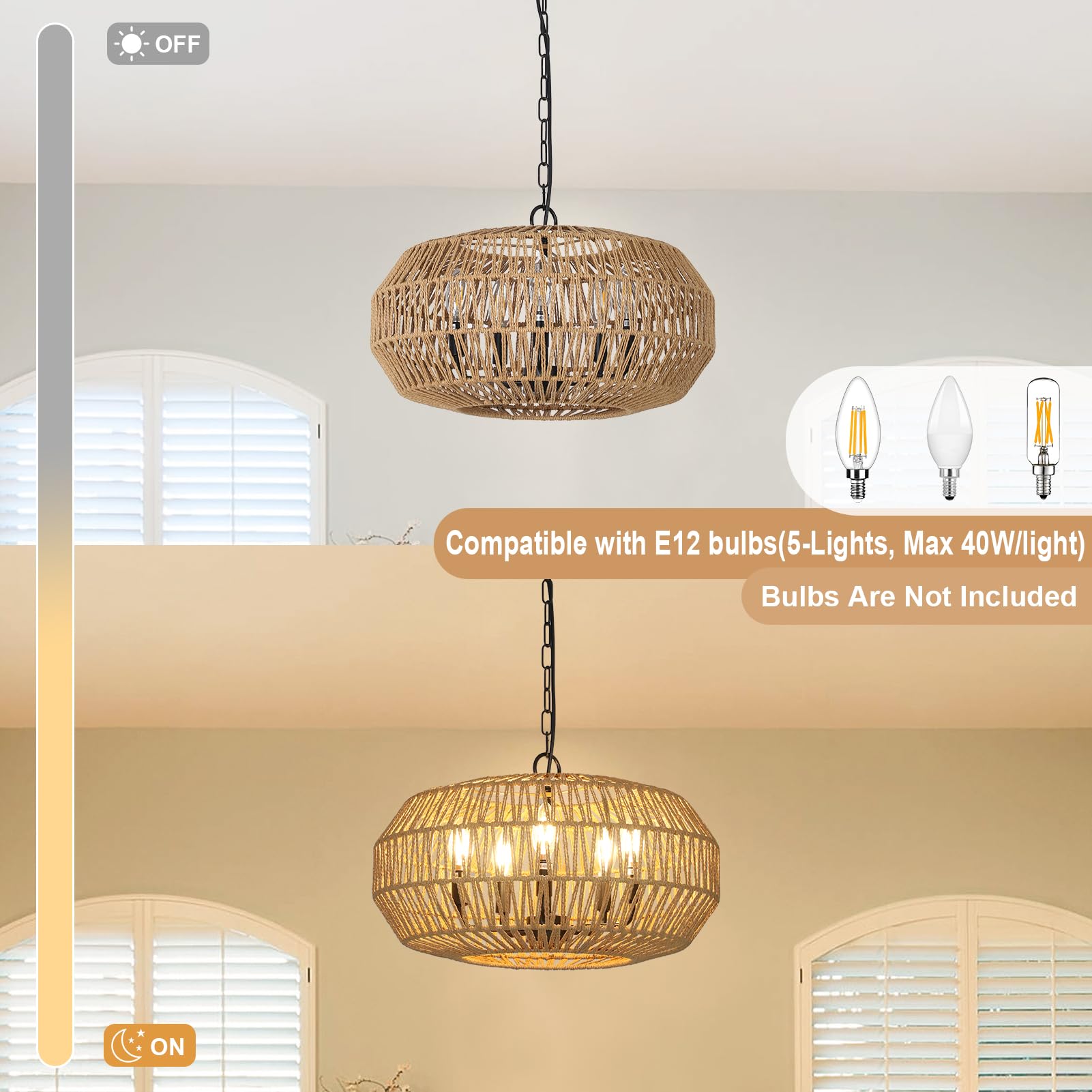 Stepeak Large Farmhouse Chandelier Light Fixtures, 5-Lights Boho Rattan Pendant Lighting with Woven Wicker Shade, Coastal Basket Chandeliers for Dining Room Living Room Kitchen Island Bedroom