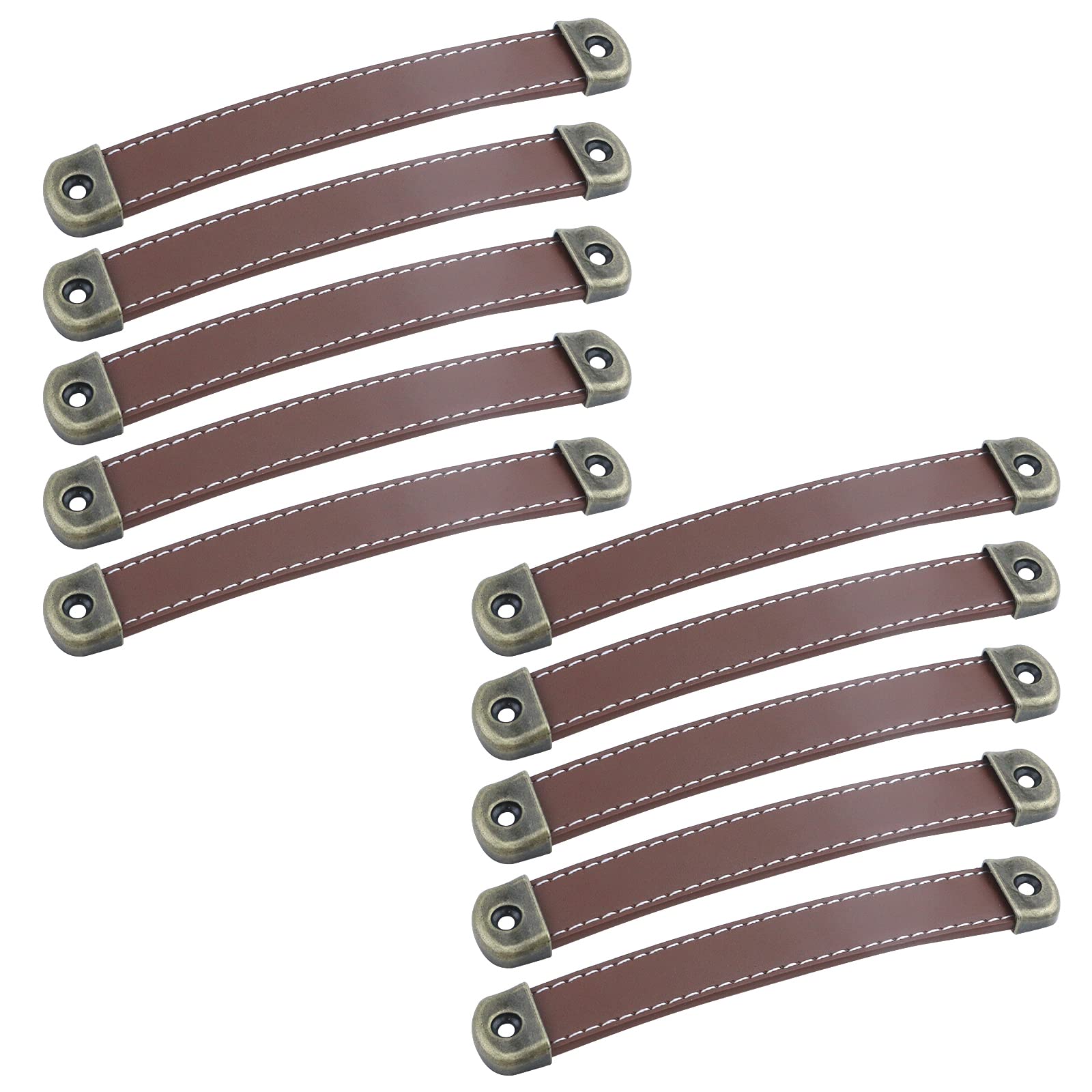 Semetall 10 Pack Leather Drawer Pulls,6.1" Length Cabinet Handles Pulls for Furniture Door Cupboard Dresser Handles 5" Hole Center,Brown