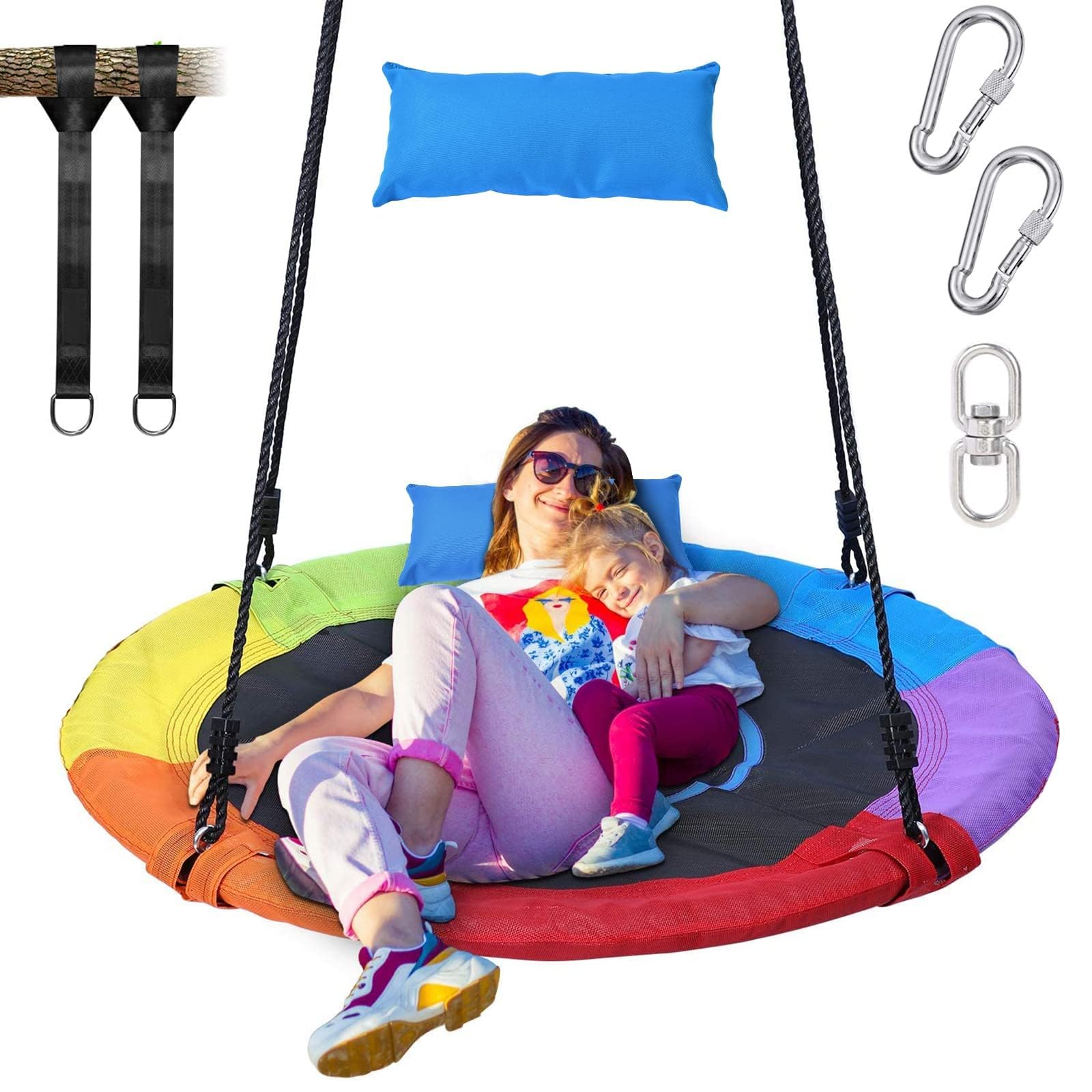 Trekassy 700lbs 40“ Saucer Tree Swing for Kids Adults Outdoor 900D Oxford Waterproof with Pillow, Swivel, 2pcs Tree Hanging Straps