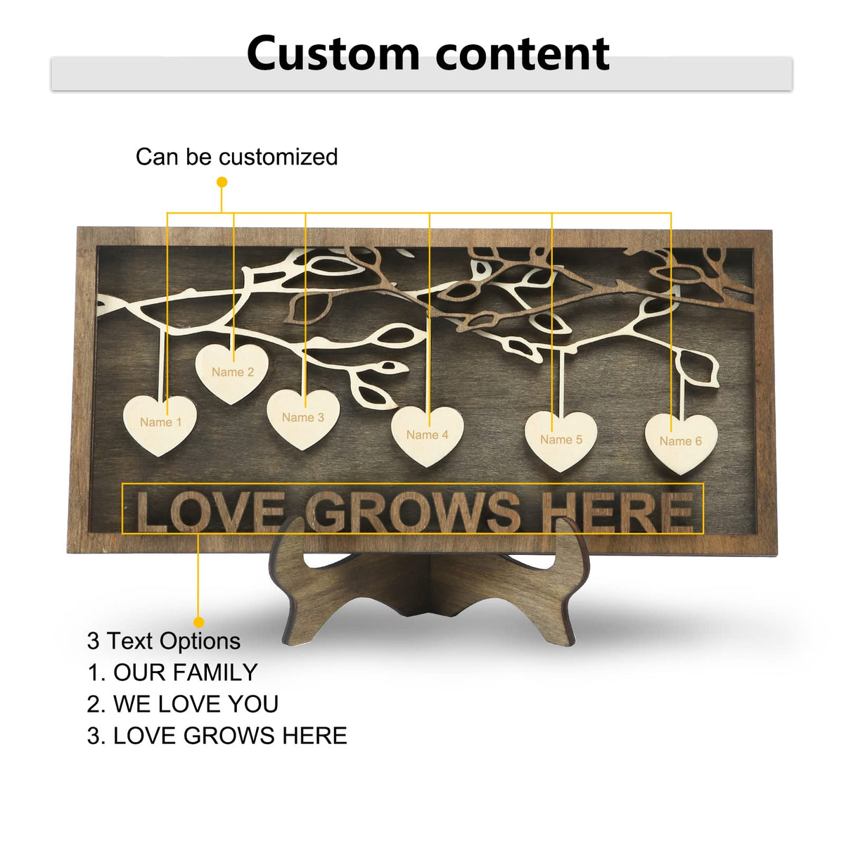 Jeweidea Personalized Family Sign with 2-9 Names Custom Wooden Tree of Life Frame Engraved Wood Plaques Decor Birthday Gift for Mom Women (6 Names)