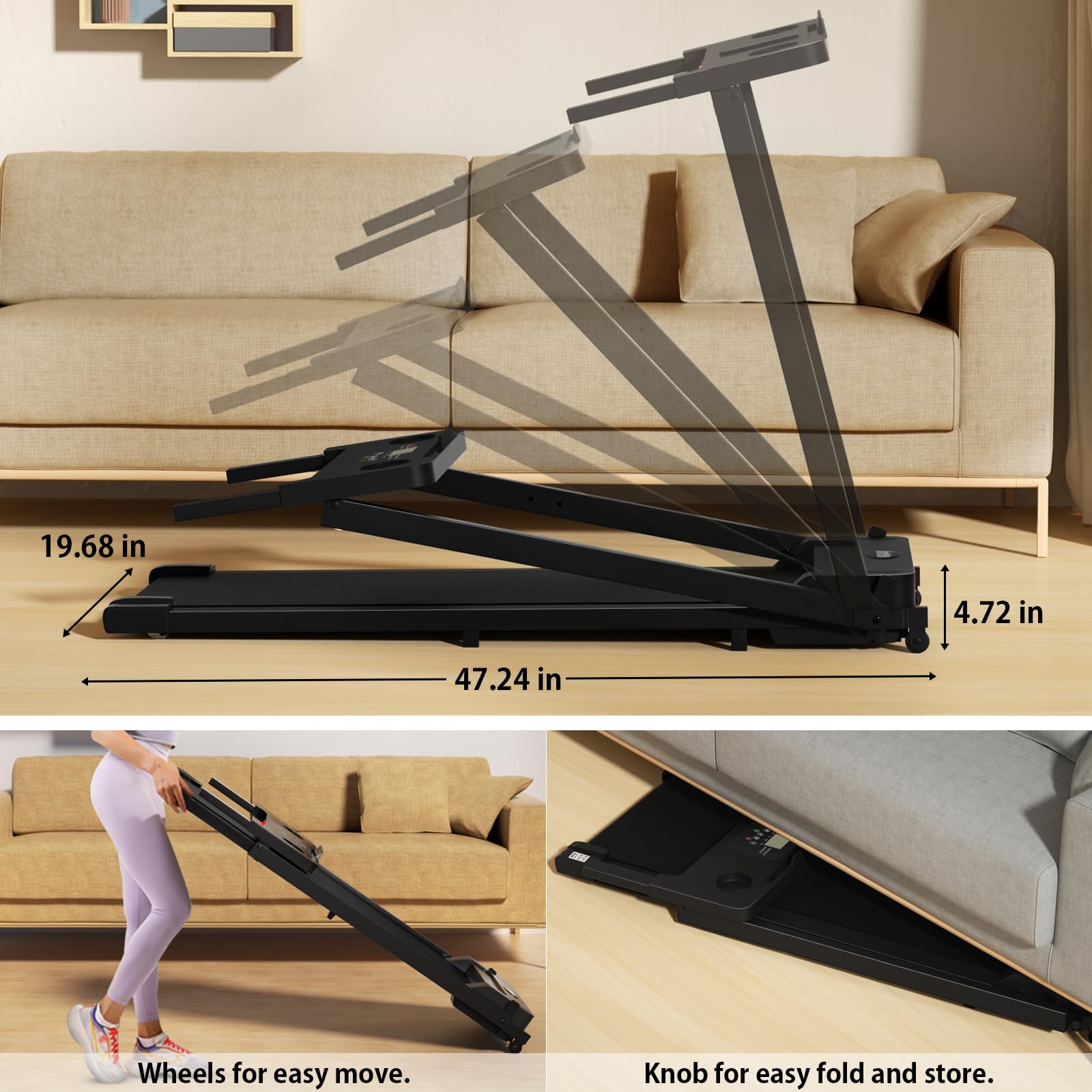 AoraPulse 3.0 HP Foldable Portable Folding Small Treadmills for Home Office with 300 LBS Capacity, Walking Running Exercise Electric Compact Treadmill with LED Display