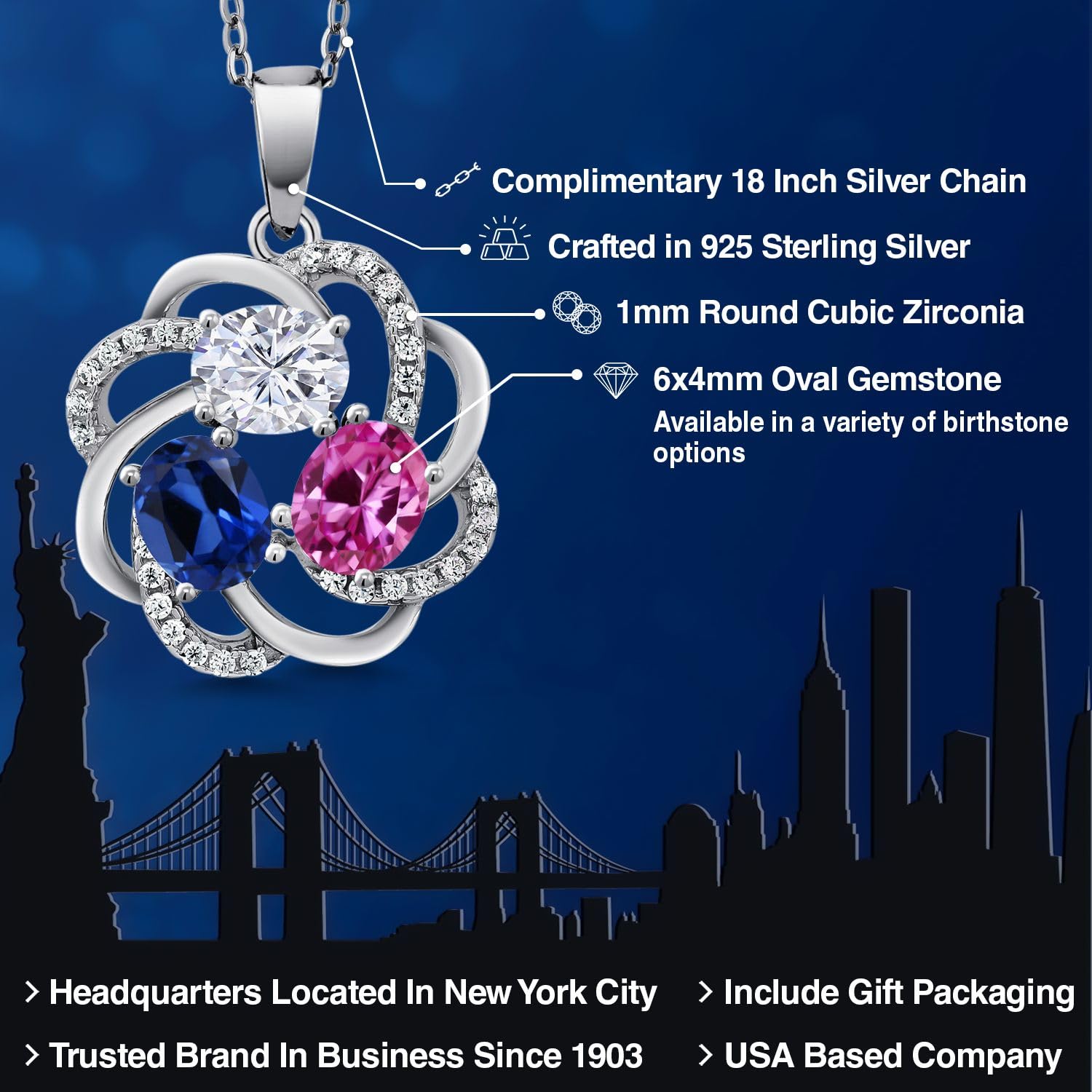 Customized Personalized Women's Necklace with 3 Gemstone Birthstone | 925 Silver Jewelry for Mom Wife Grandma Sister Friend | 18 Inch Chain | Anniversary Birthday Mother’s Day Christmas Valentine's