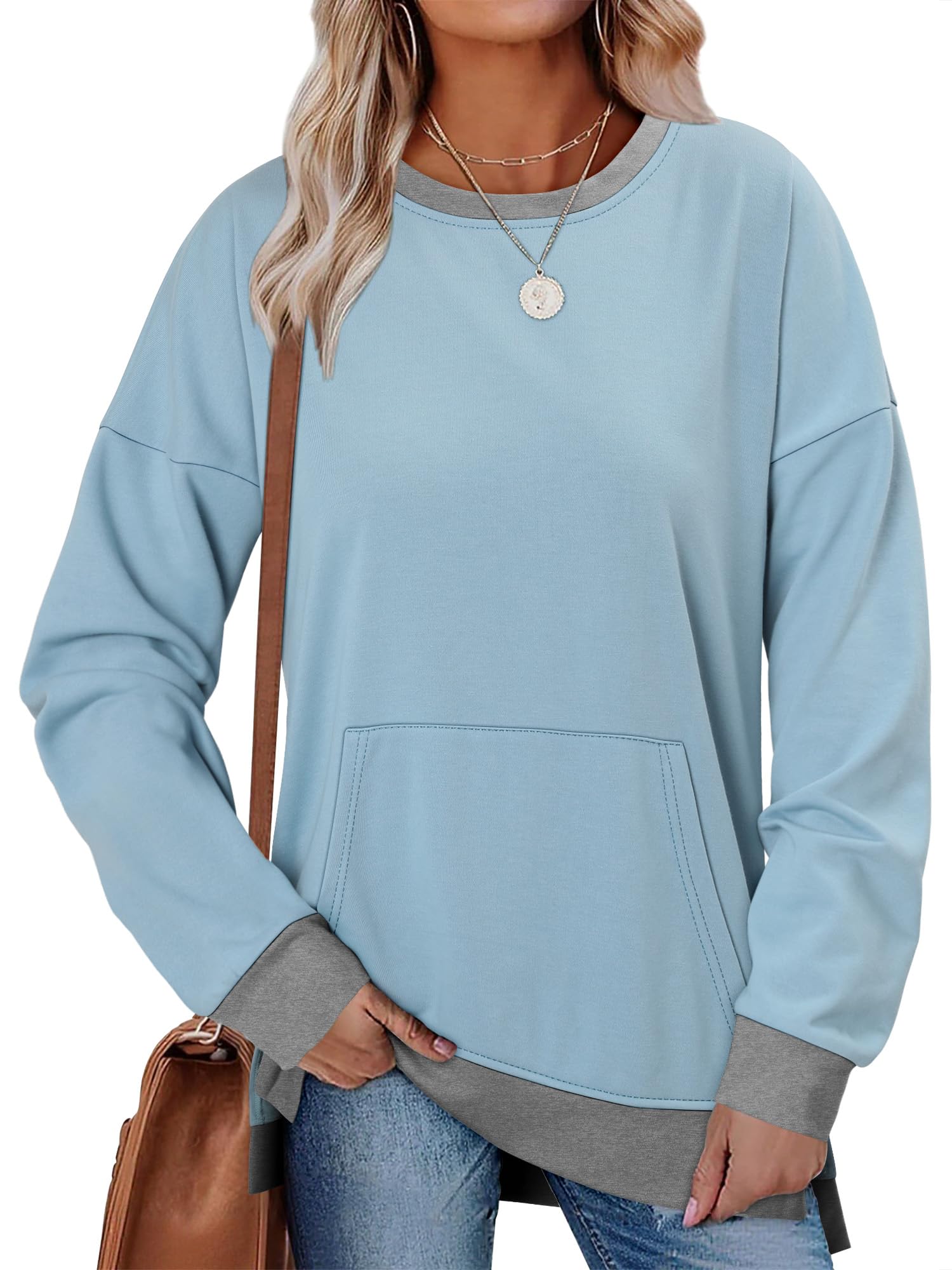 BETTE BOUTIK Cozy Long Sleeve Sweatshirt Women Side Slit Shirts spring winter pocket Tops for Women long Sweatshirt MoonBlue Large