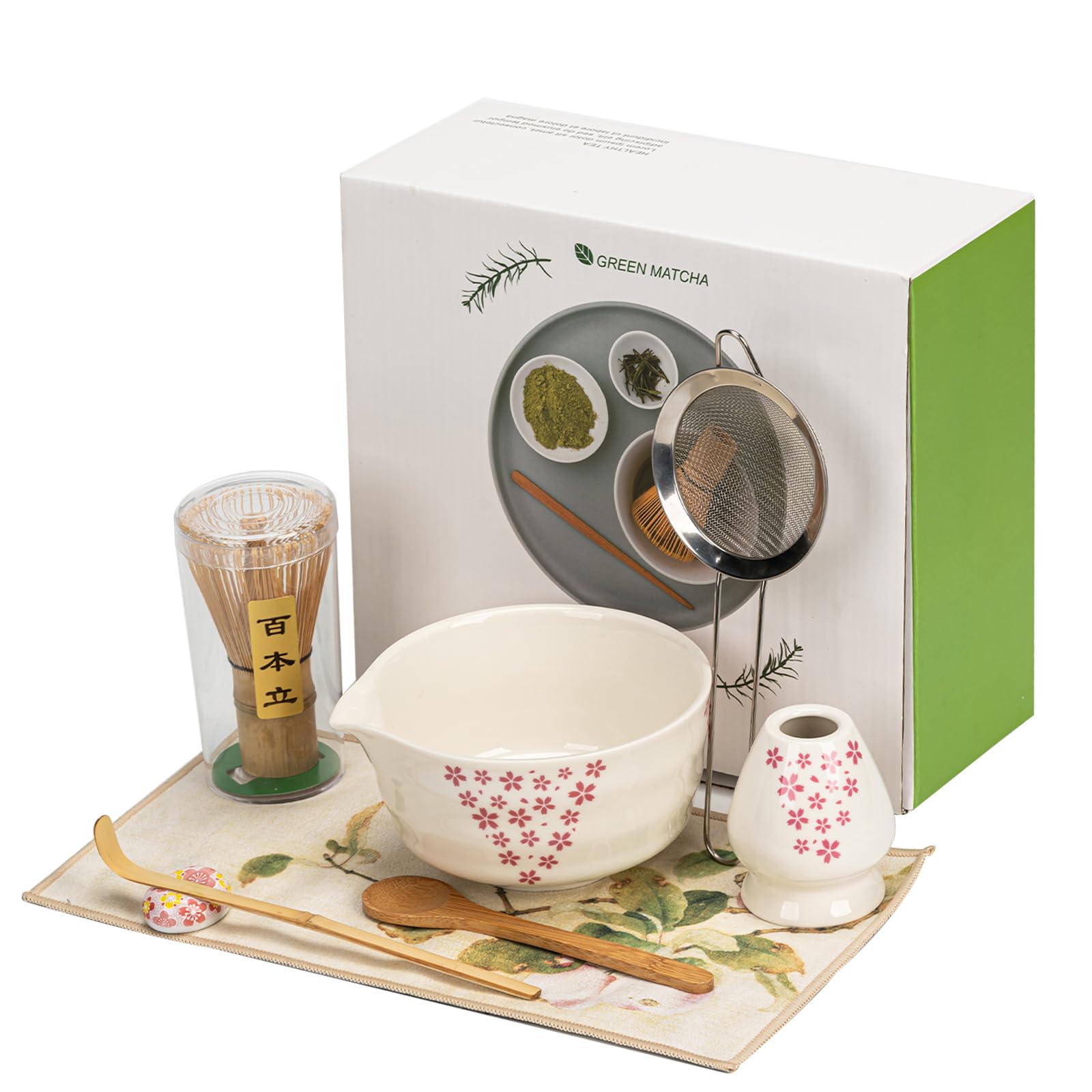 Grnstf Matcha Set 8-Piece Japanese Tea Ceremony Kit with Ceramic Bowl, Bamboo Whisk & Holder, 2 Scoops, Strainer, Tea Cloth - Complete Gift Set for Traditional Brewing(Pink-Floral Print)