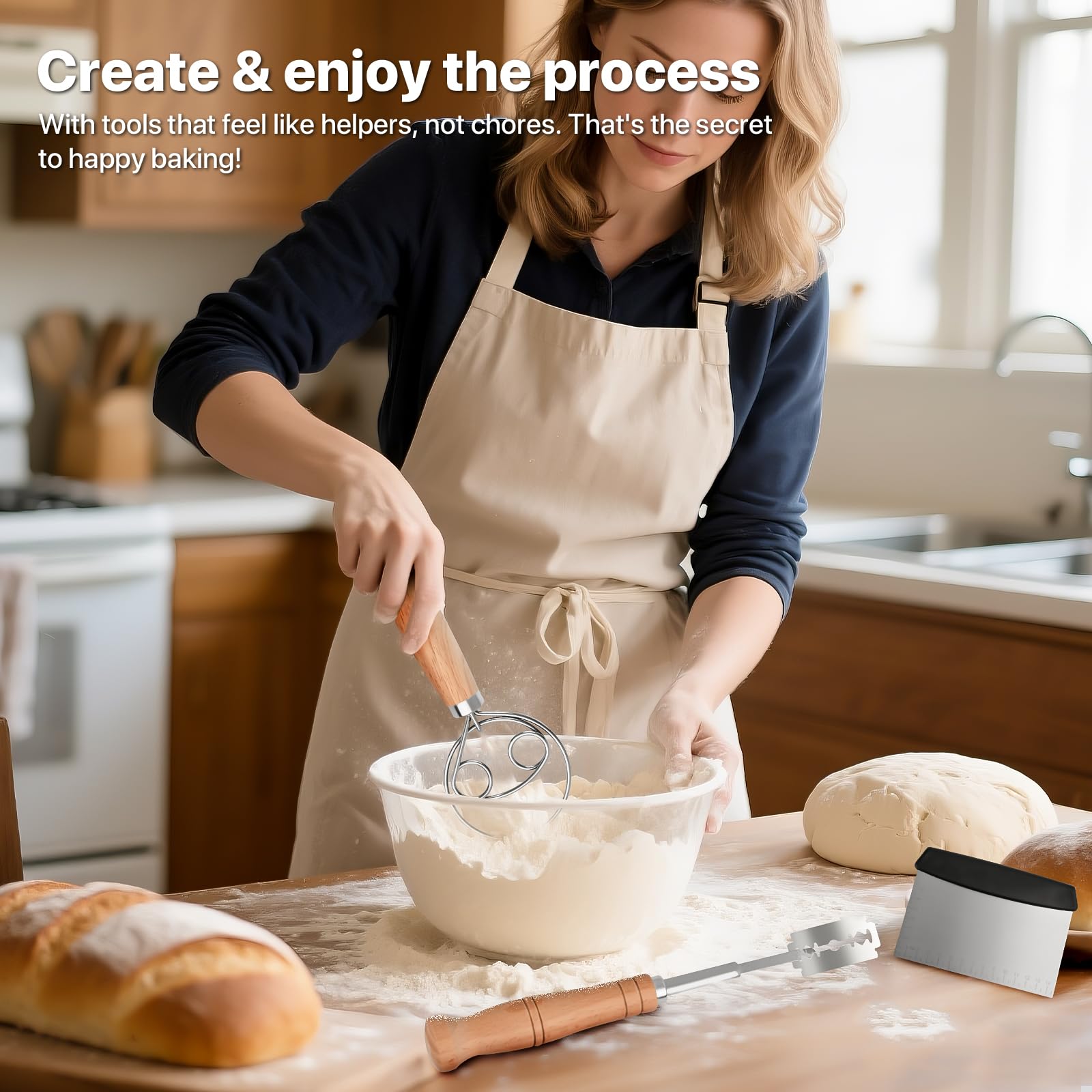 Danish Dough Whisk【Set of 3】Wooden Bread Whisk with Stainless Steel Hook, Dough Scraper & Lame Scoring Tool Blades - Sourdough, Pizza, Pastry Baking Supplies - Dutch Whisk & Dough Cutter Kit.