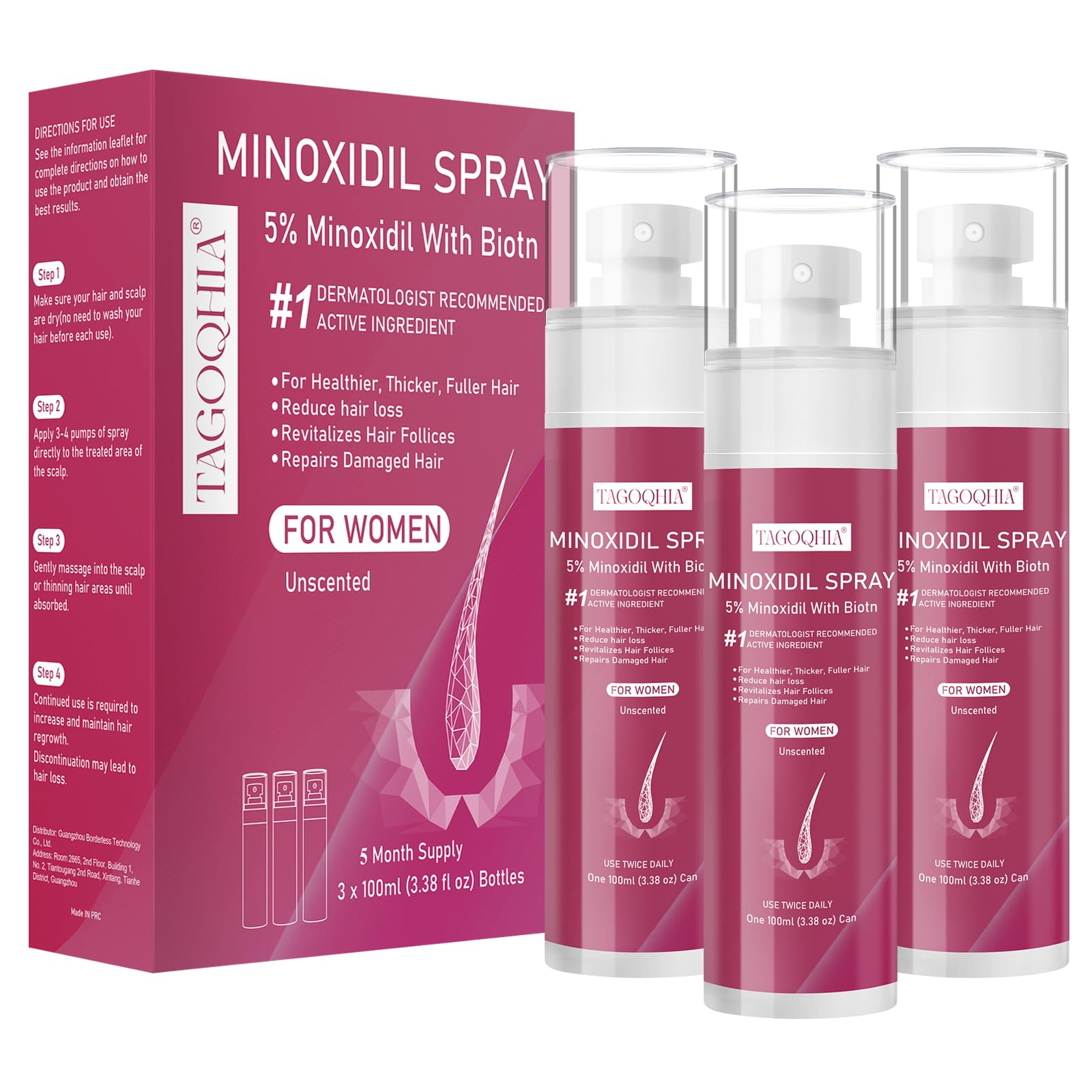 5% Minoxidil for Women Hair Regrowth Spray, hers hair regrowth treatment Infused with Biotin, Extra Strength Treatment to Combat Hair Loss and Thinning, 3 Bottles