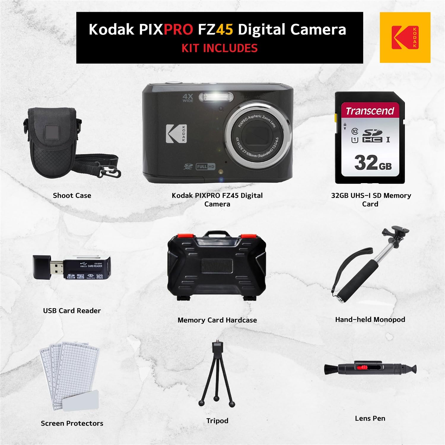 Kodak PIXPRO FZ45 Digital Camera, 32GB Memory Card, Point and Shoot Camera Case, Extendable Monopod, Lens Cleaning Pen, LCD Screen Protectors, Table Top Tripod – Ultimate Bundle (Black)