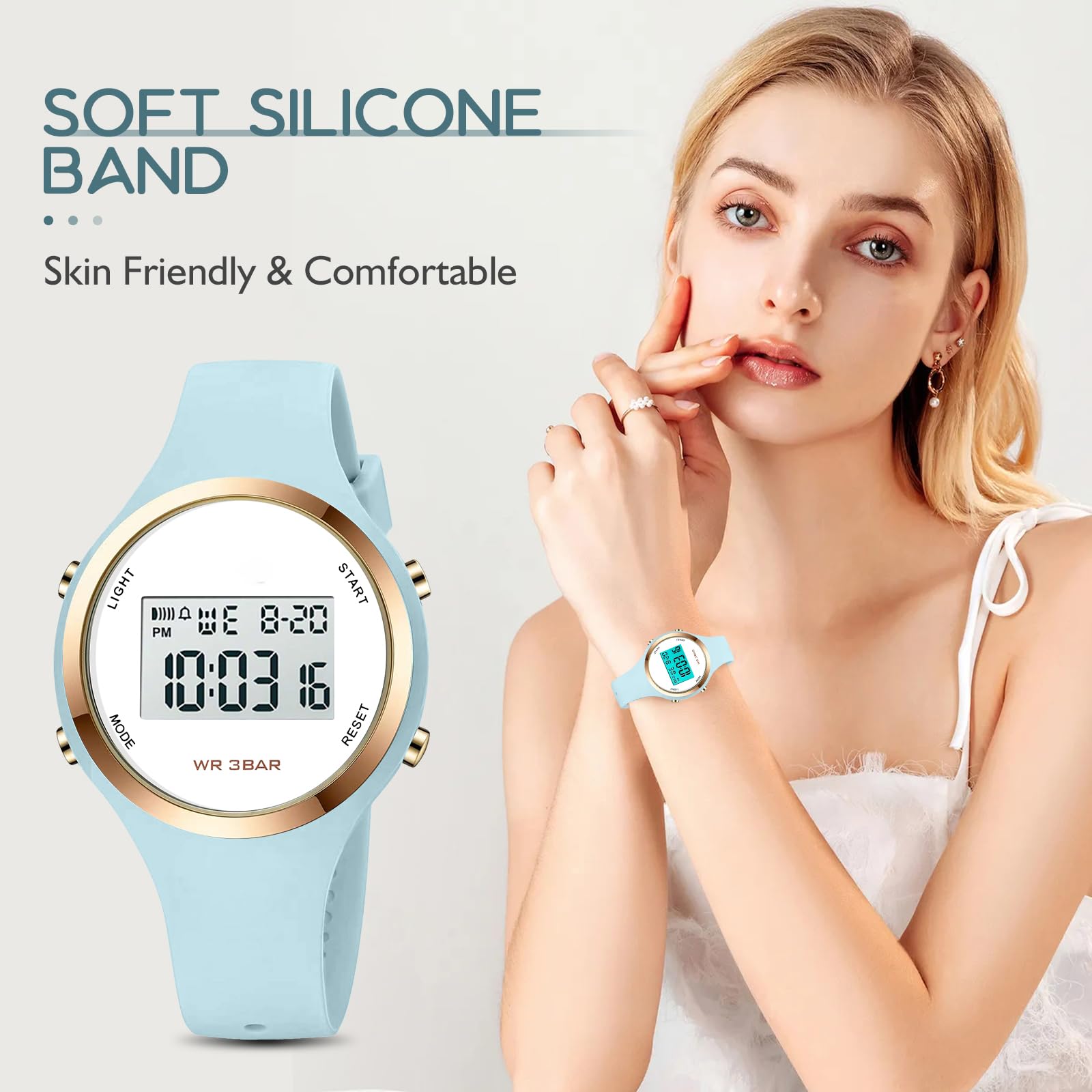 XCZAP Outdoor Sport Watches Alarm Clock 5Bar Waterproof LED Digital Watch(Light Blue-White-one)