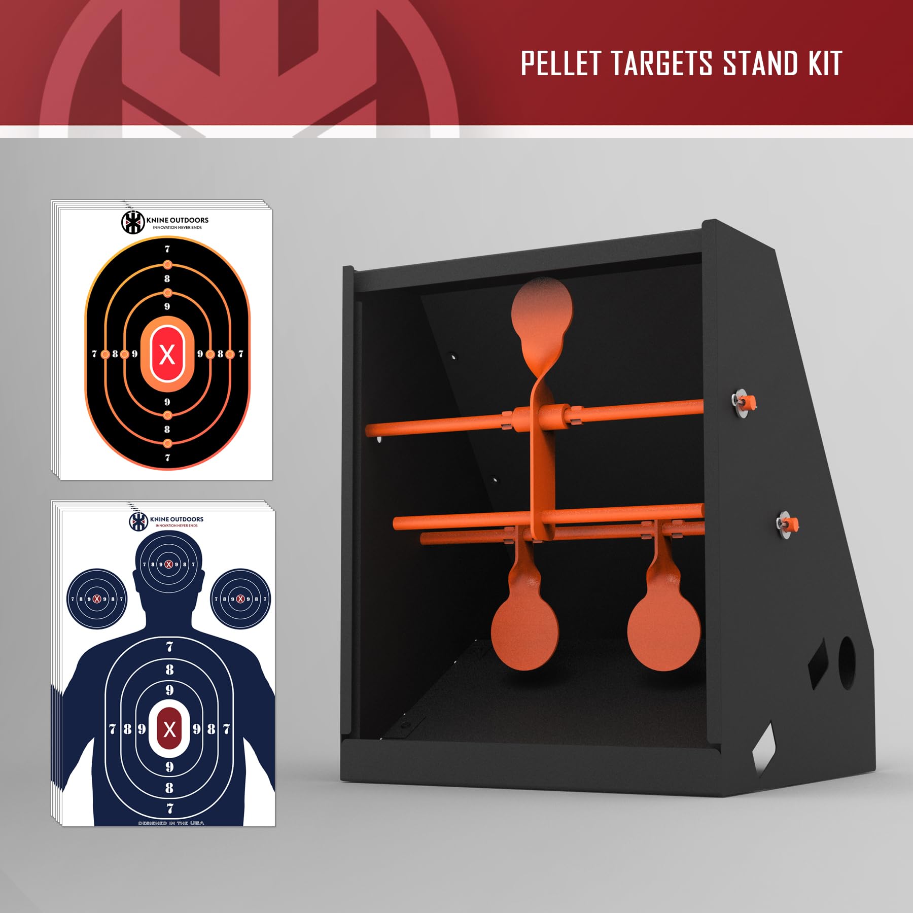 KNINE OUTDOORS Pellet Trap with 20pcs 7''x9'' Splatter Bullseye Paper Targets and Spinning Shooting Targets for .177 Caliber, Air Gun Airsoft BB Gun Rifle