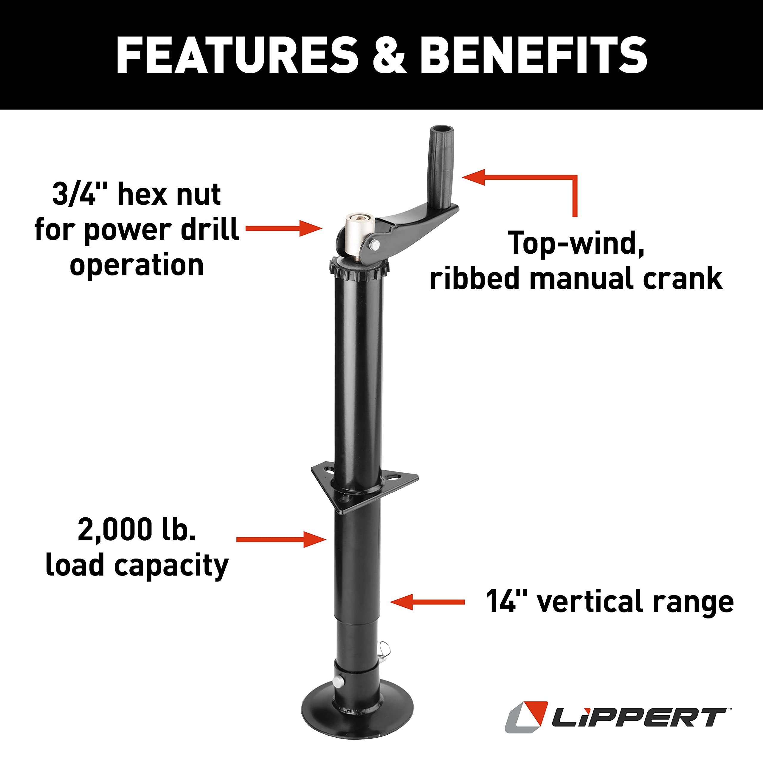 Lippert Quick Drop Tongue Jack for A-Frame Travel, Cargo, and Utility Trailers or 5th Wheel RVs, Black